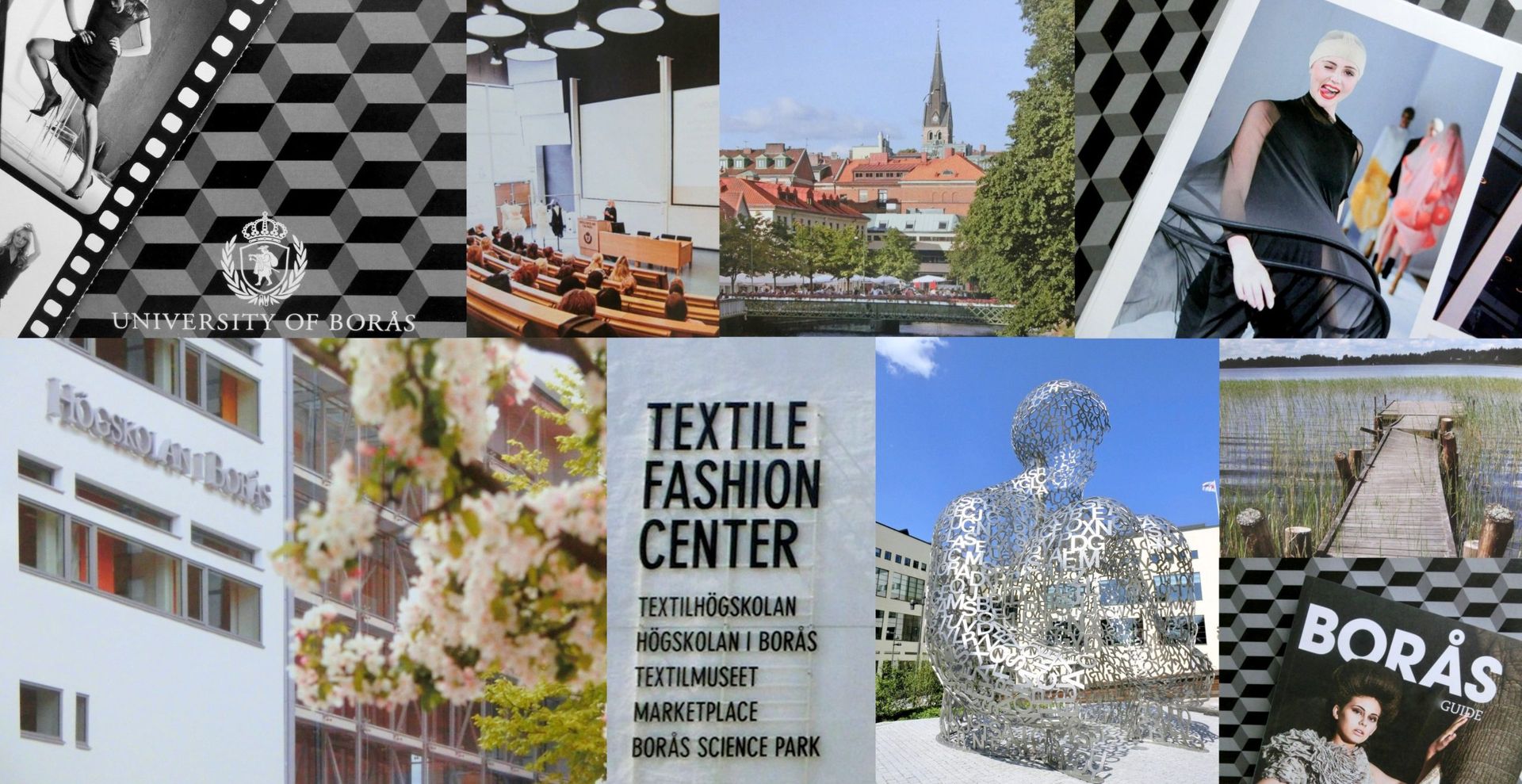 A collage image made by Angelina where she has captured elements that are representative of the city of Borås in Sweden, such as the University, a fashion magazine and the city center.