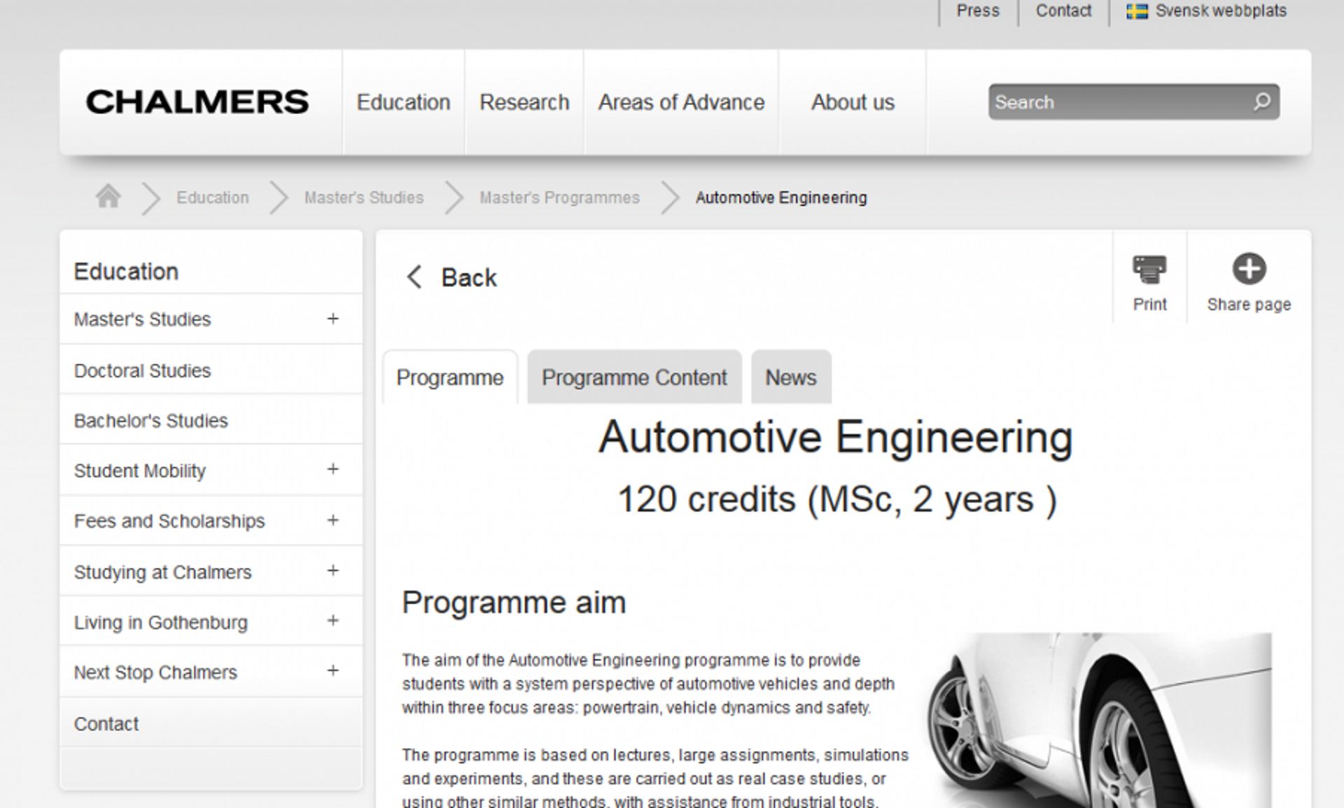 Image of Chalmers education and master studies, more specifik Automotive Engineering and its programme.