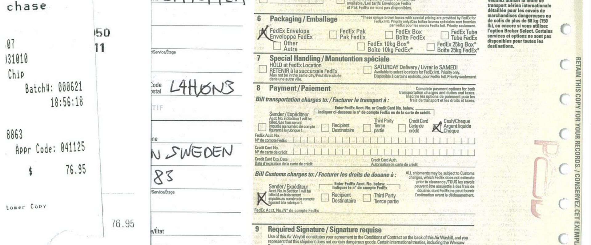 A FedEx confirmation order where a receipt appears in connection with a document showing transport, payment method and goods.