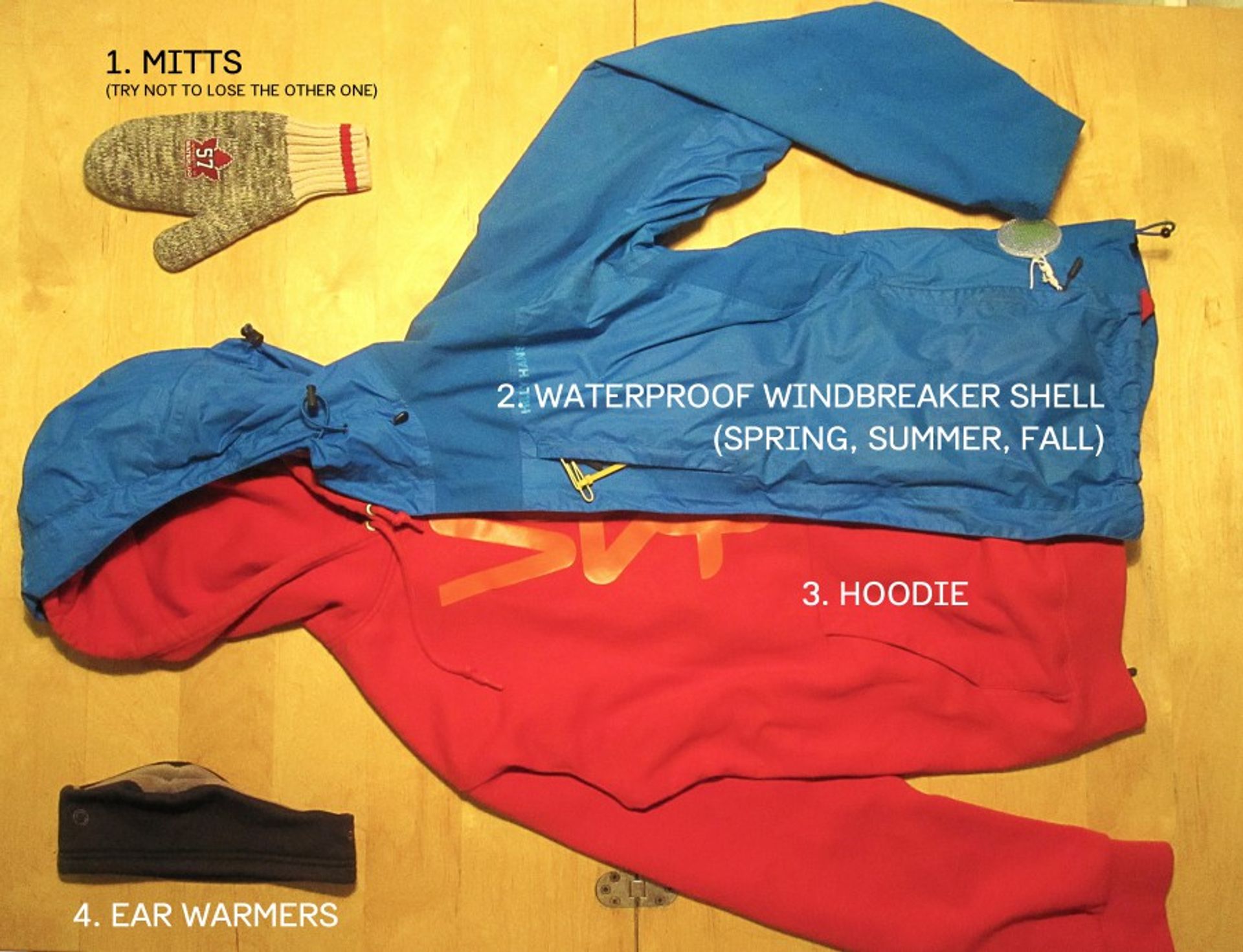 Assortment of clothing including ear warmers, mitts, hoodie and waterproof jacket.