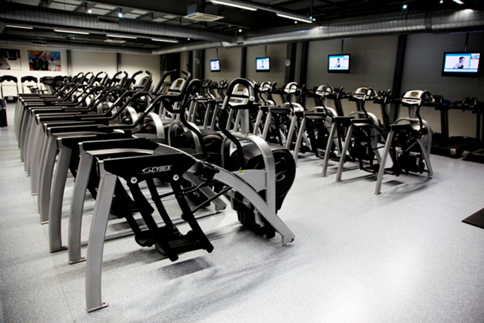 Rows of treadmills.