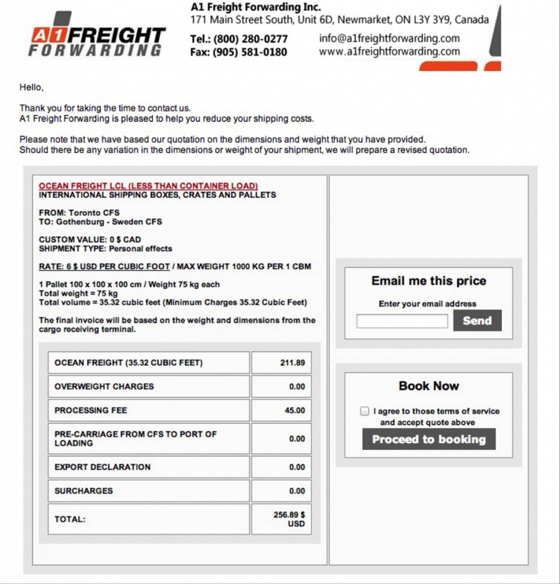 canadian shipping lcl cost