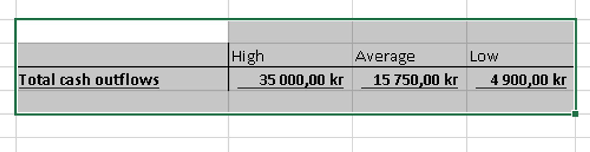 Screenshot of excel file showing total monthly budget.