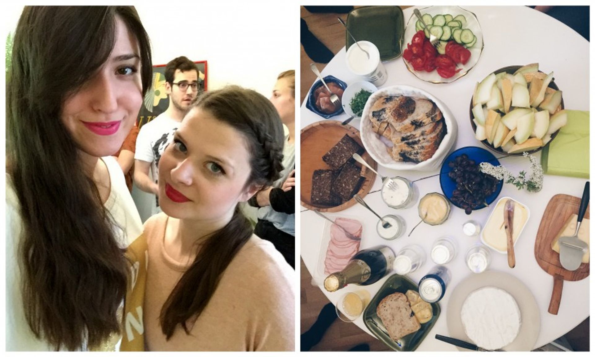 Left: It's 7am but we the lipstick is there.  Right: The Champagne-snaps-herring breakfast