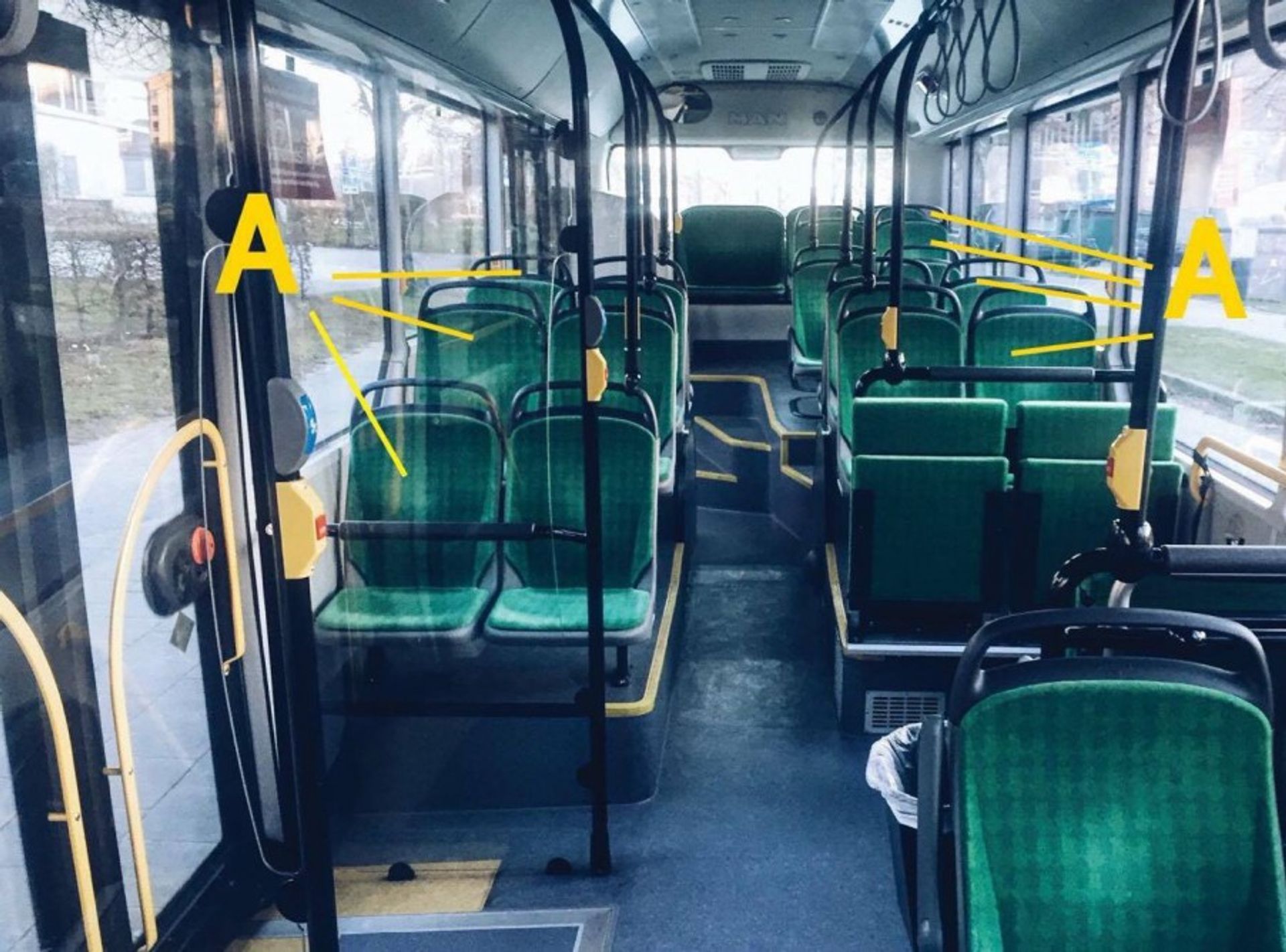 Empty bus seats.