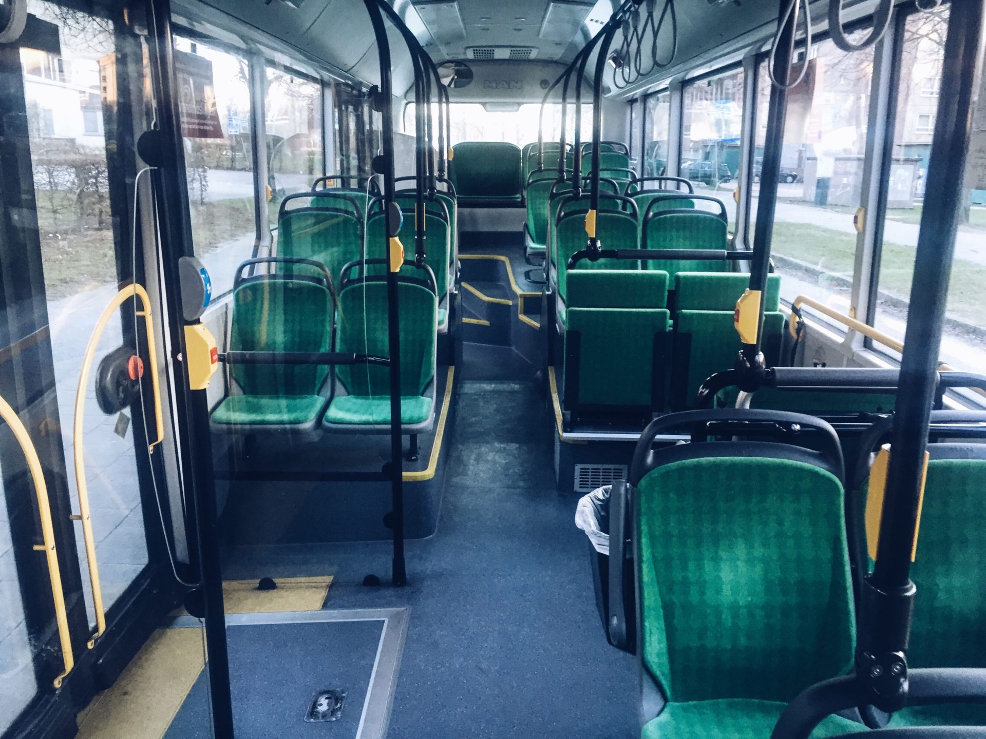 Empty seats on a bus.