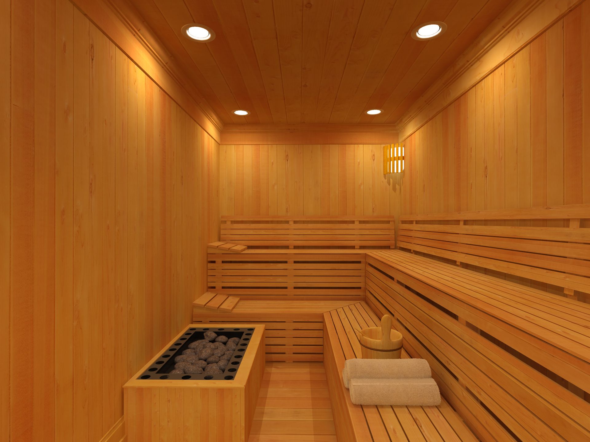 Inside of a sauna.
