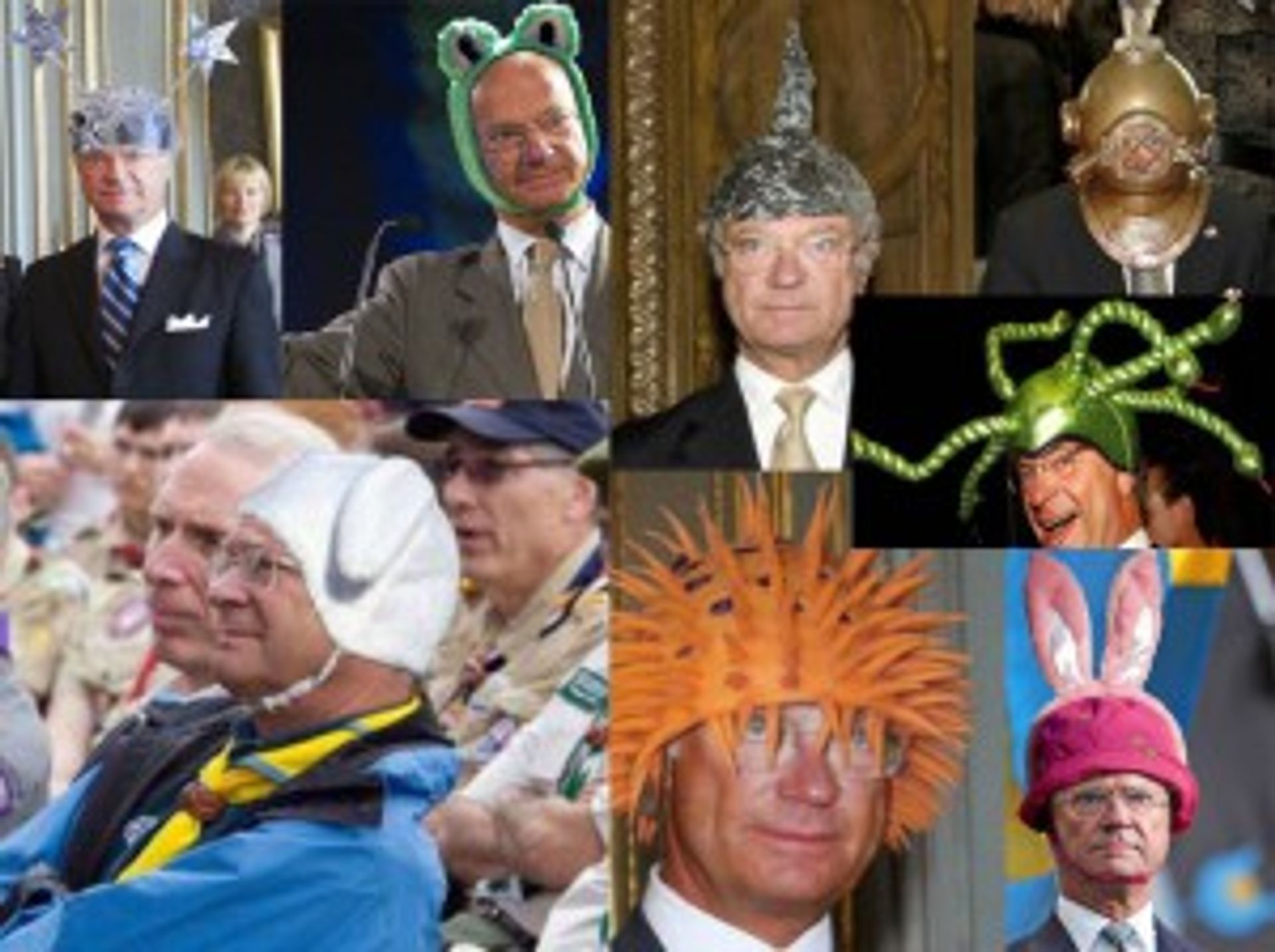A collage of the king of Sweden wearing different hats.