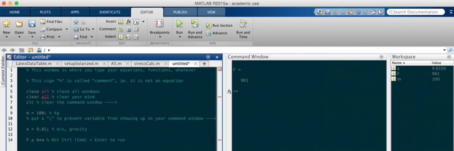 Screenshot of Matlab program.
