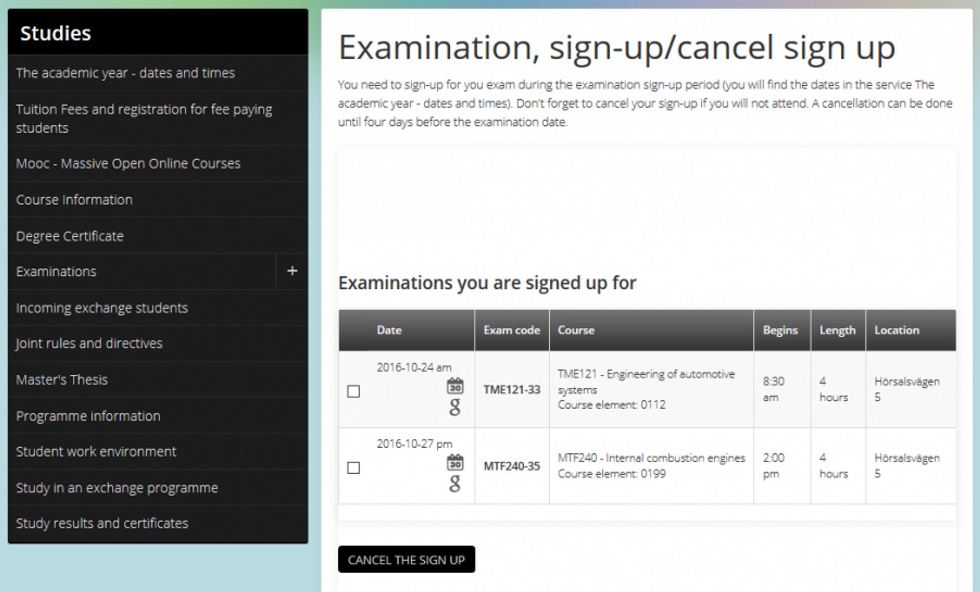 Screenshot of Chalmers student portal where students can sign up for exaxms.