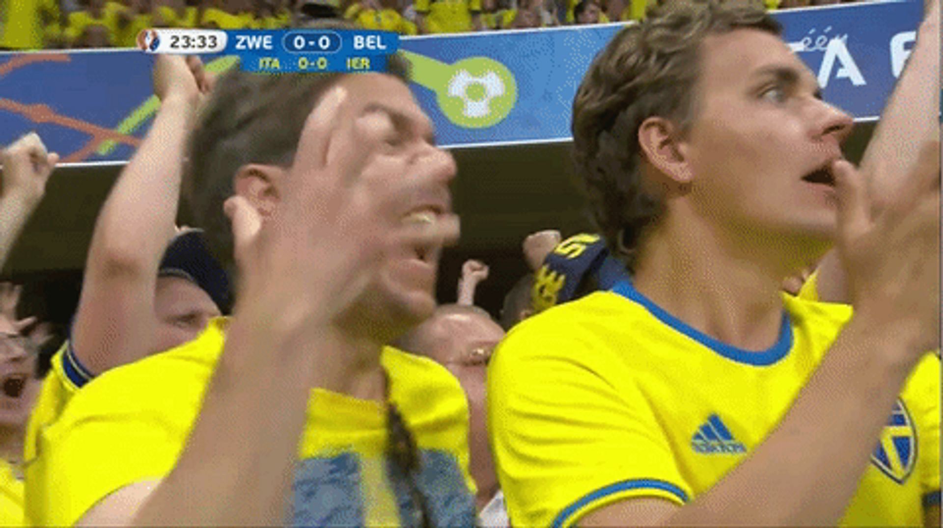 Swedish football fans groaning after Sweden narrowly misses a goal.
