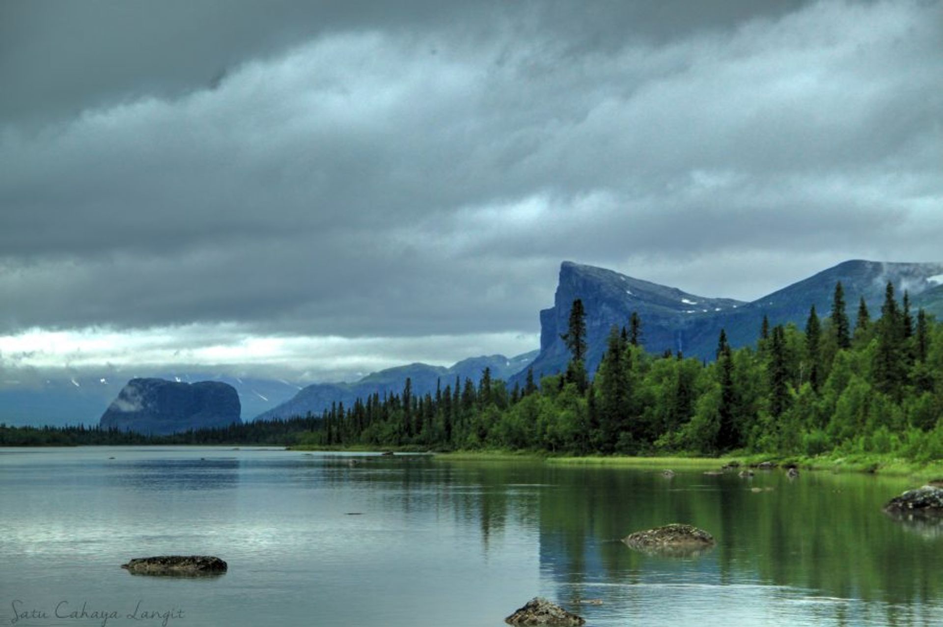 Close-up of river with mountain in the background.