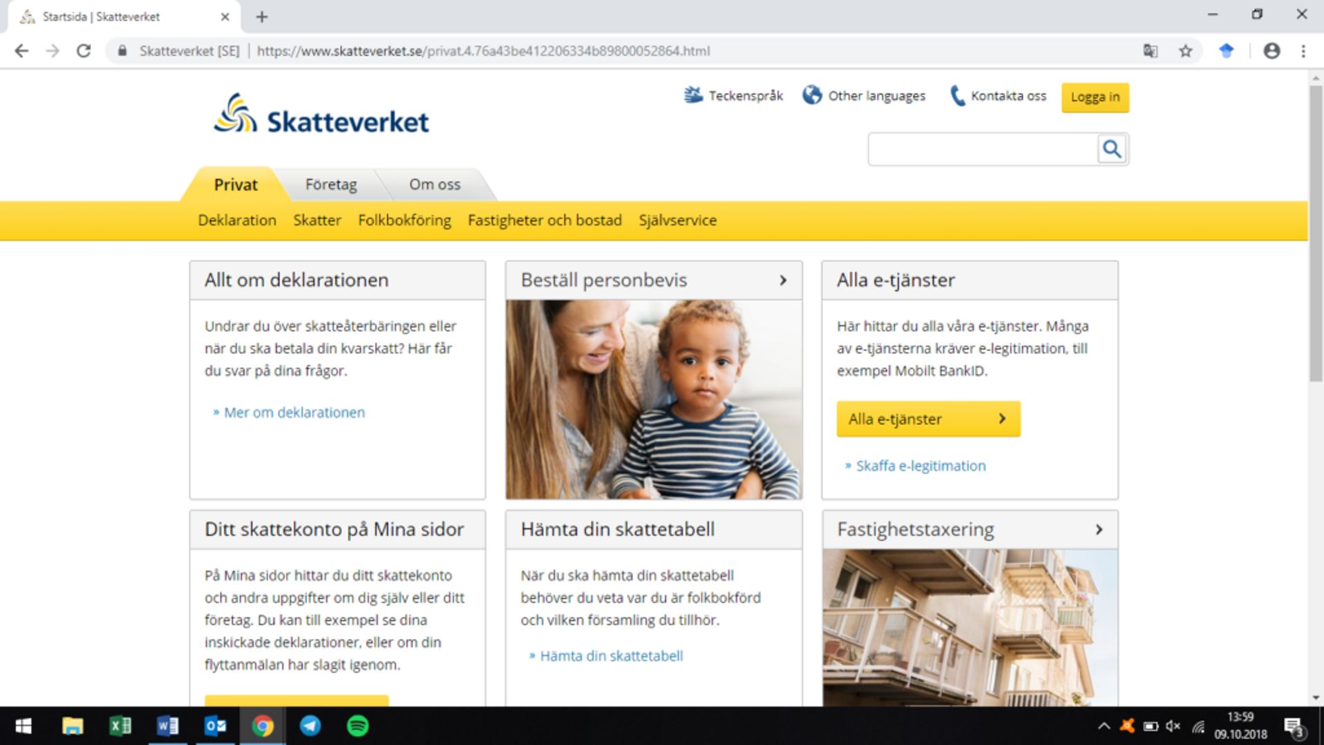 Screenshot of the Swedish Tax Agency website's landing page.