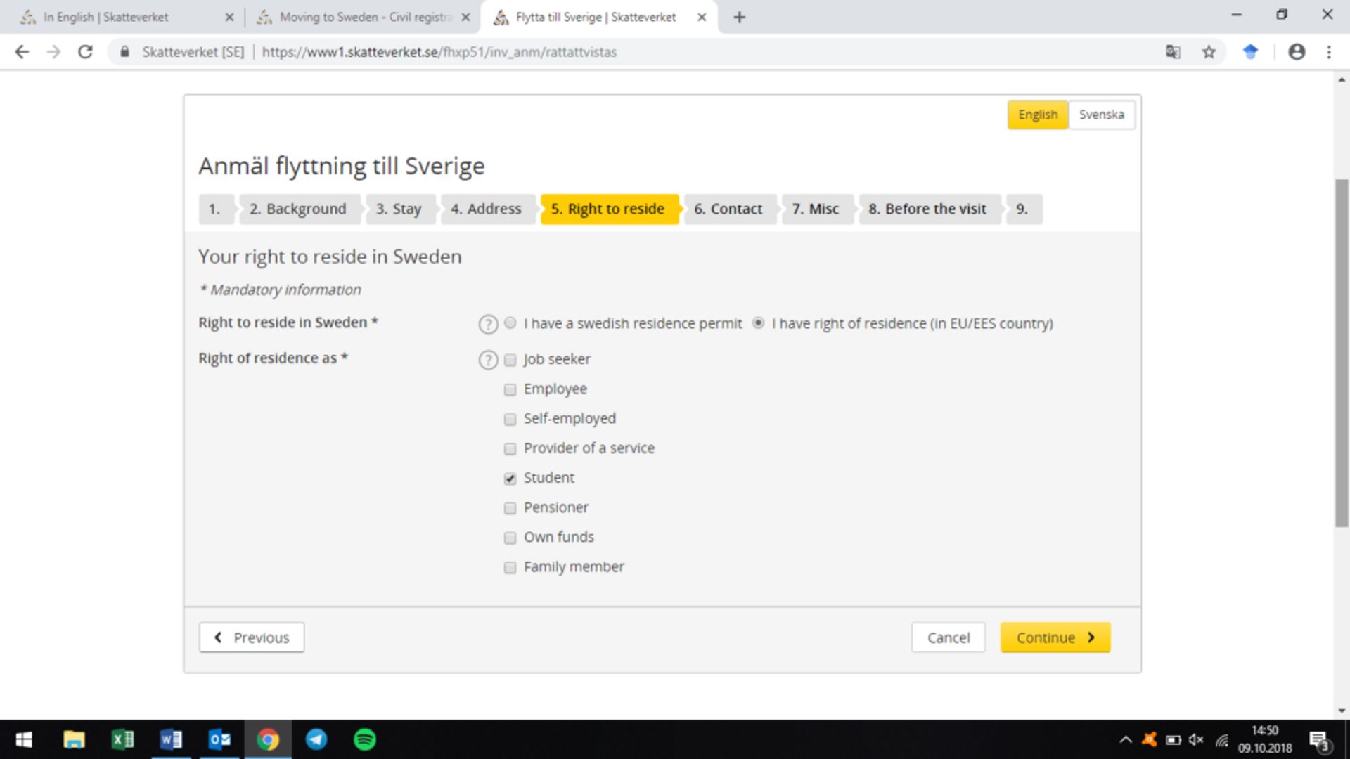 Screenshot of online application form - your right to reside in Sweden.