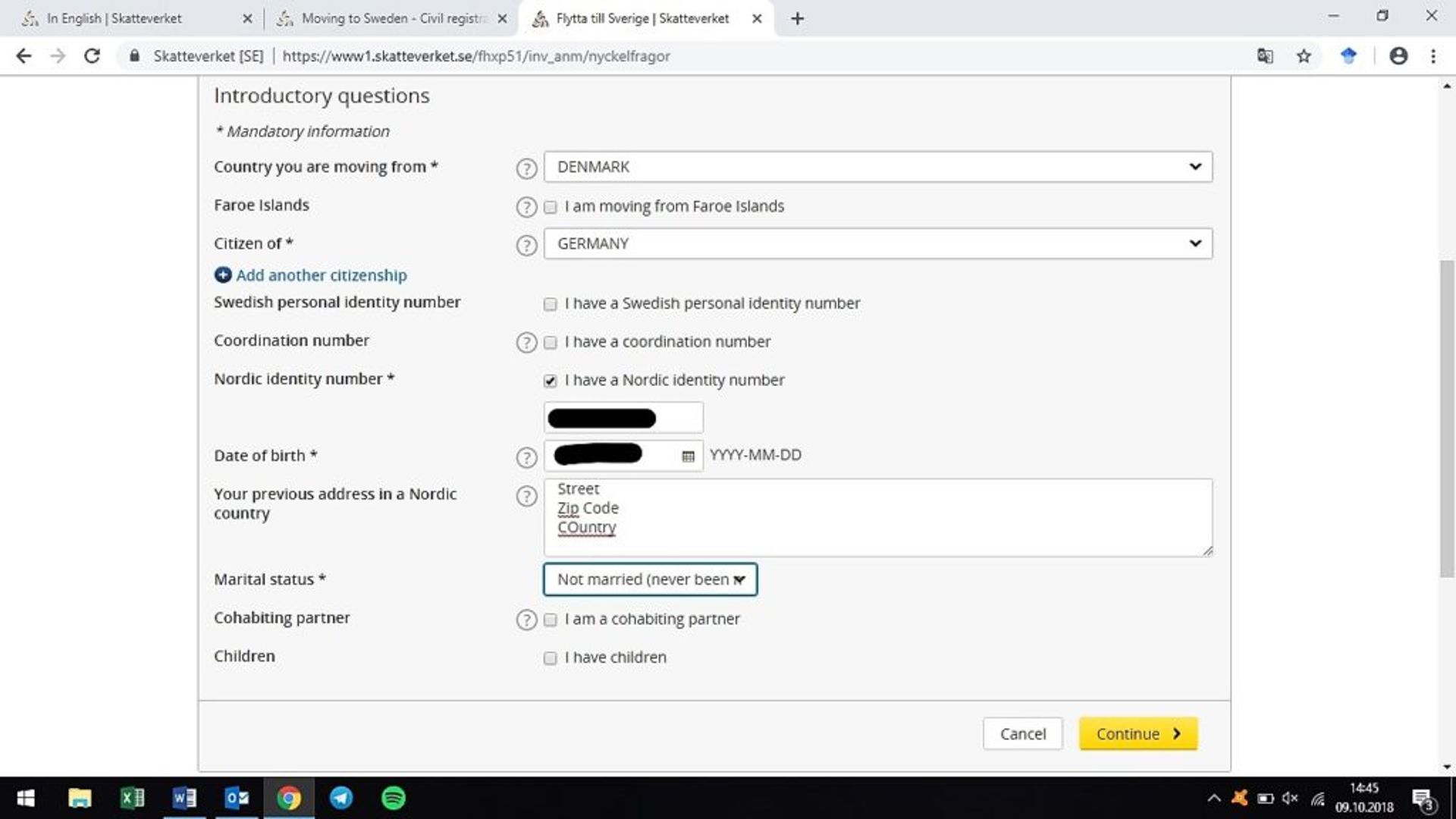 Screenshot of online application form - introductory questions.