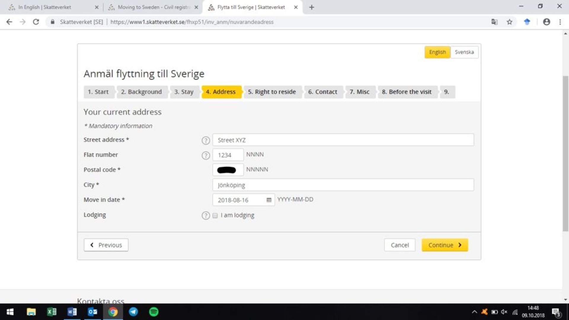 Screenshot of online application form - address in Sweden.