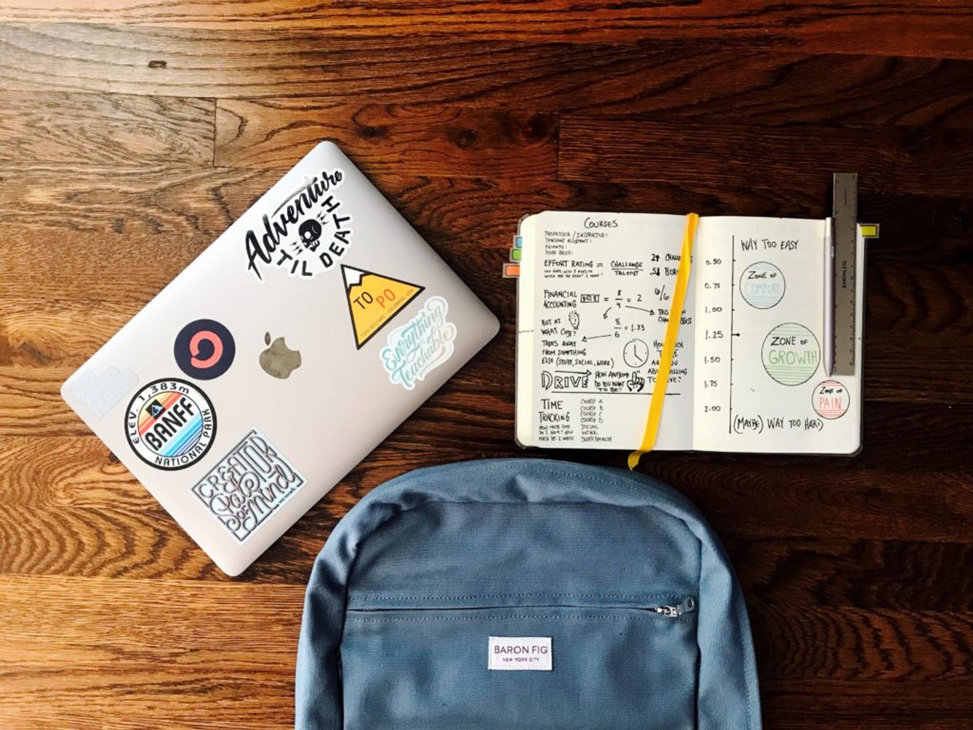 Laptop, notebook and bag.
