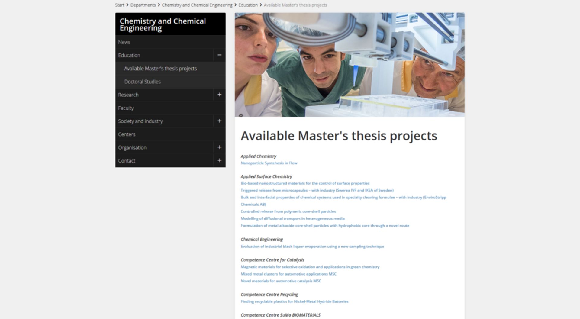 Screenshot of Chalmers website showing available mastter's thesis projects.