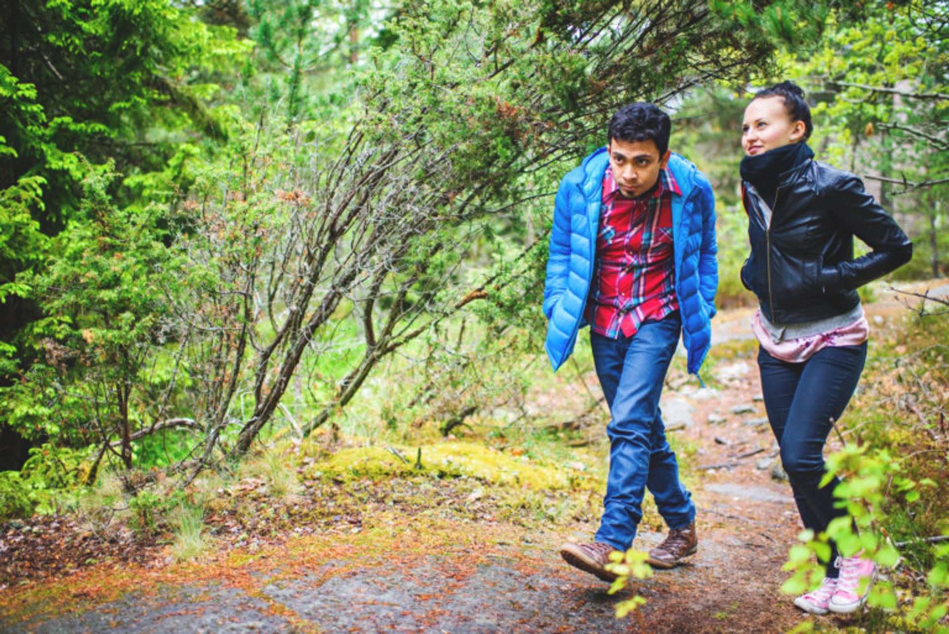 Students walking through a forest.