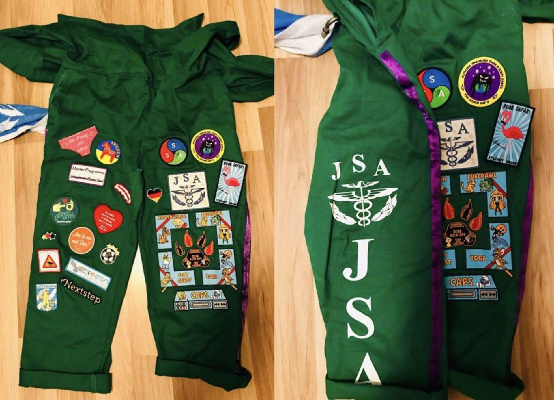 Green overall with several patches sewed on it.
