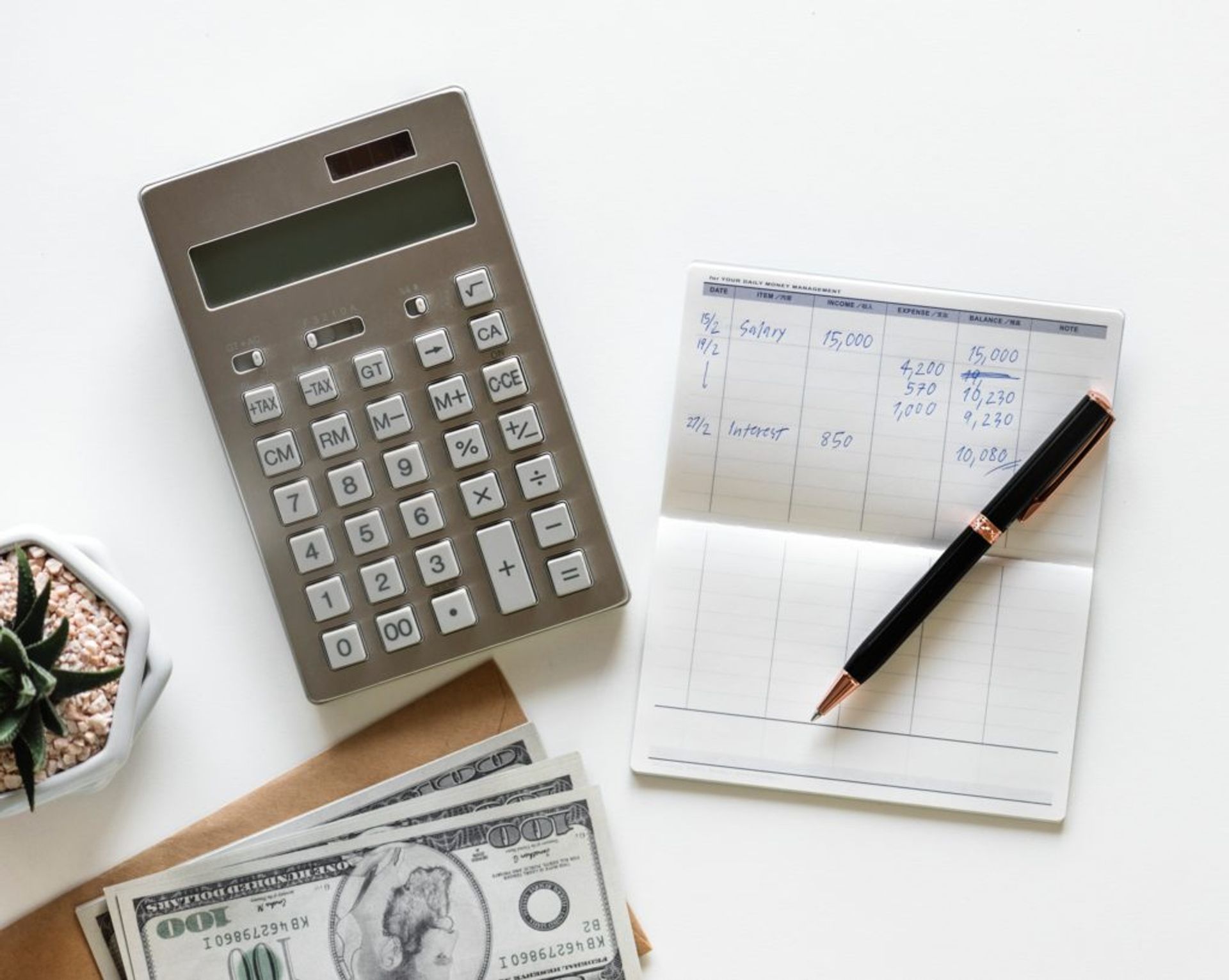 Calculator, money and notebook. Working out a budget.