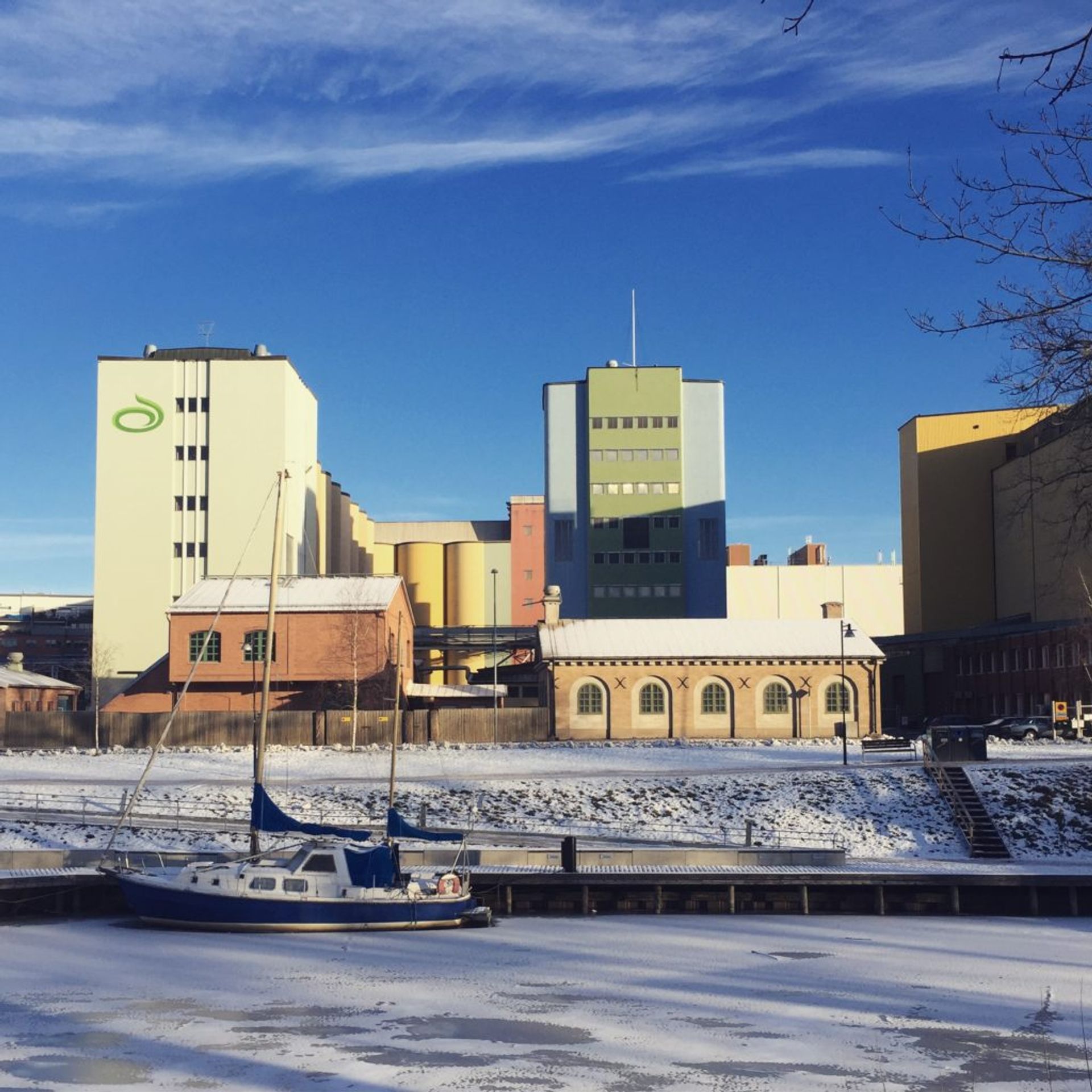 Frozen river and industrial buildings in Uppsala 