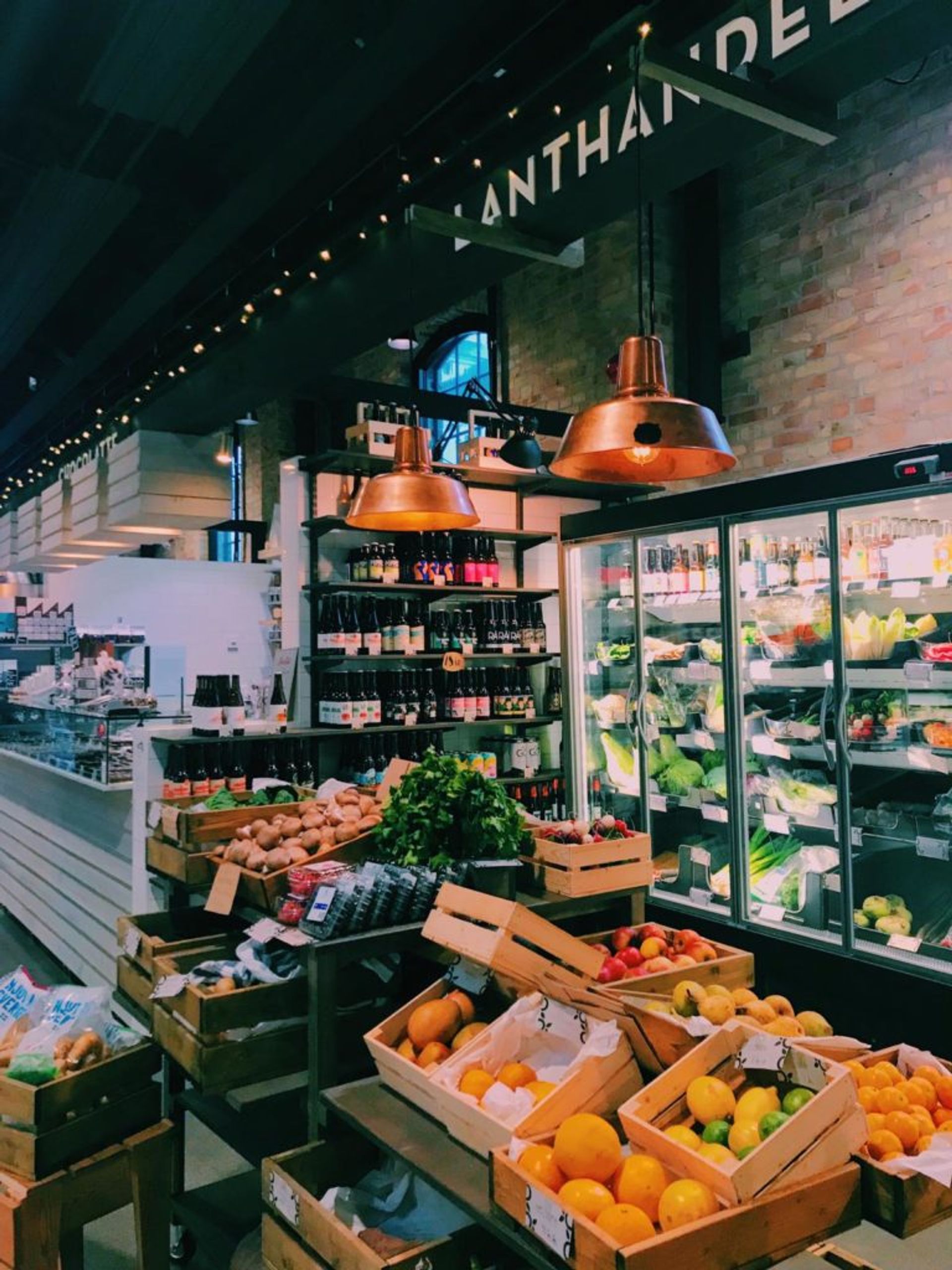 Fruit and vegetable section in a supermarket.