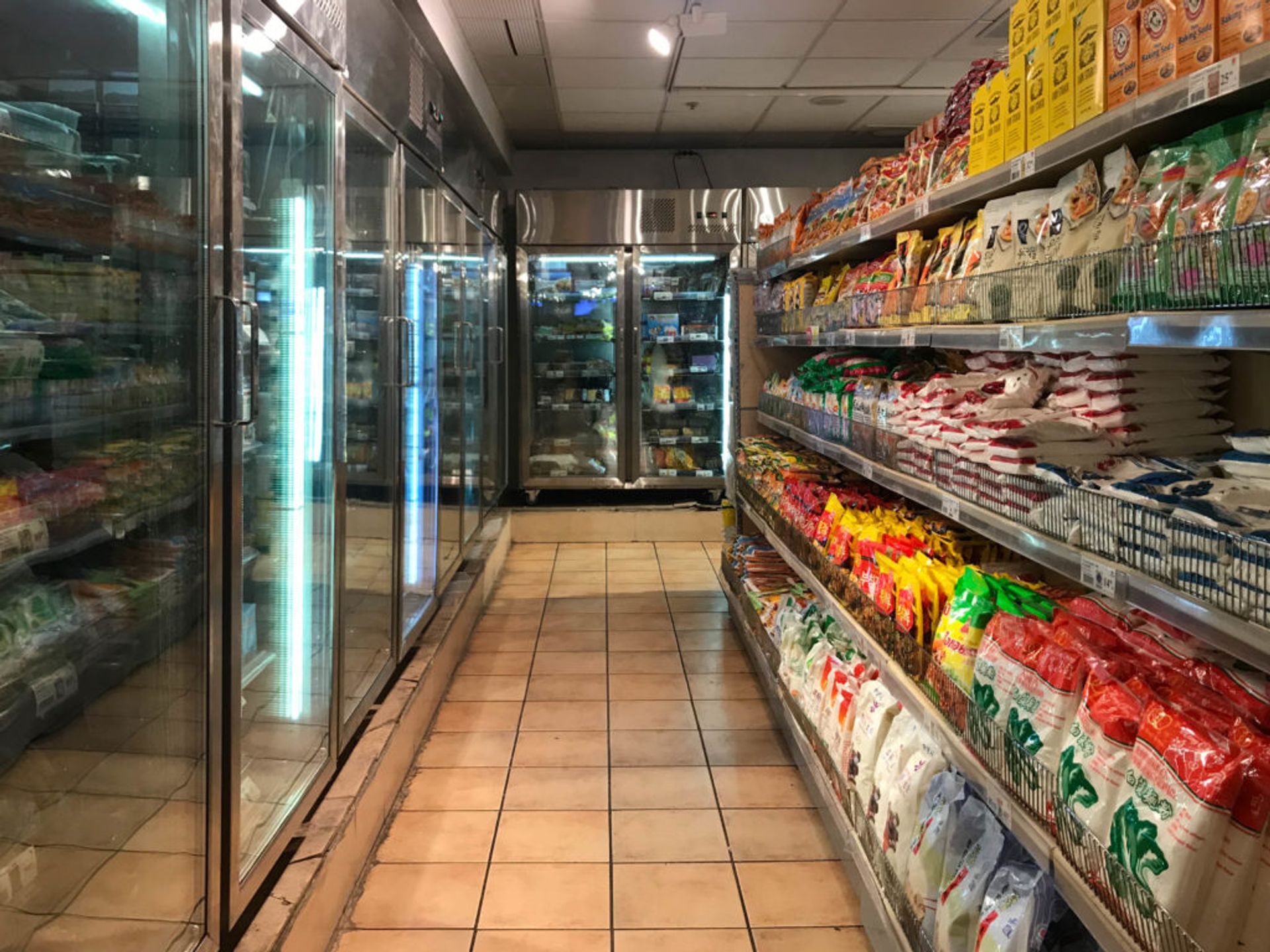 Shelves of packaged produce.