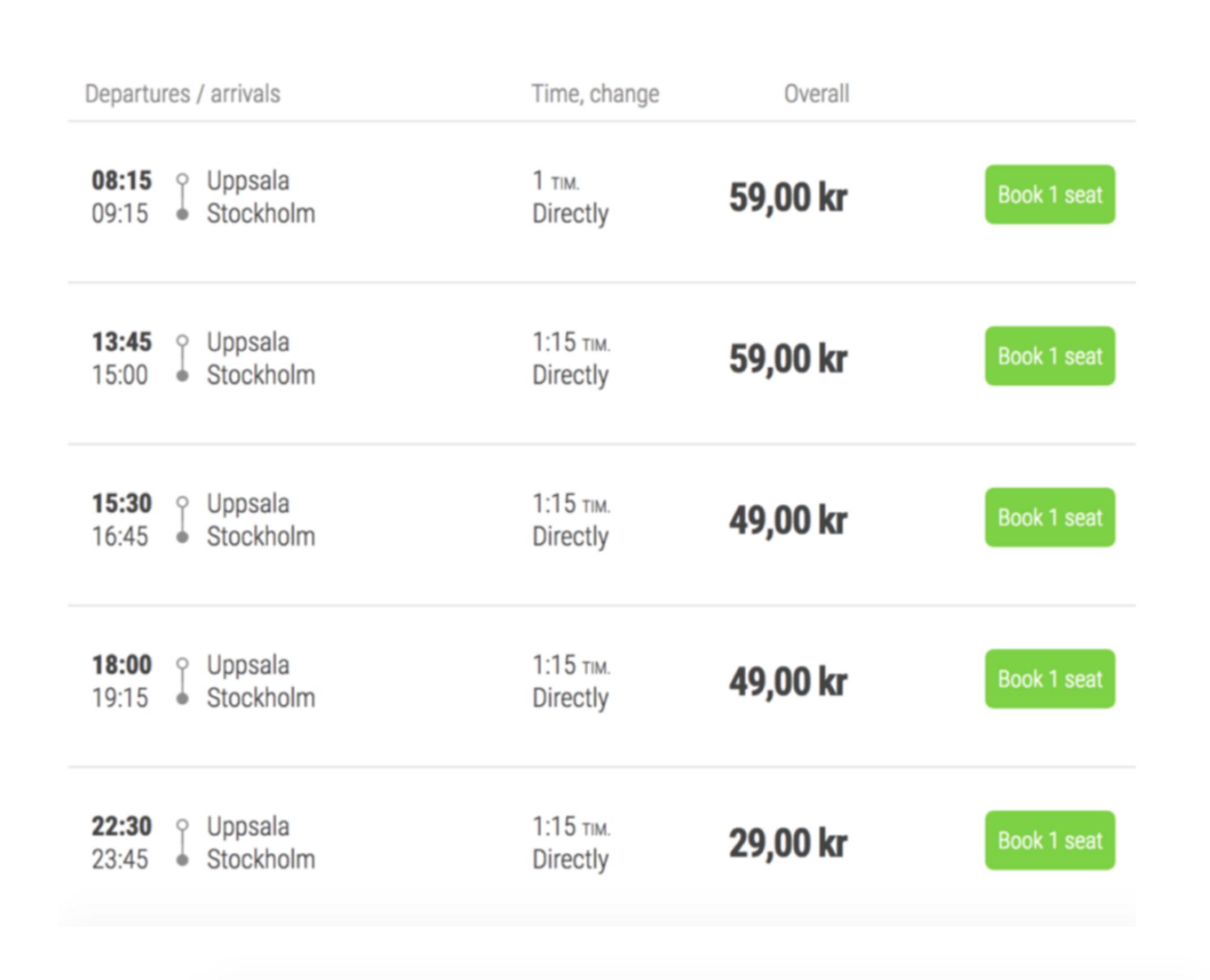 Screenshot of bus times to Stockholm.