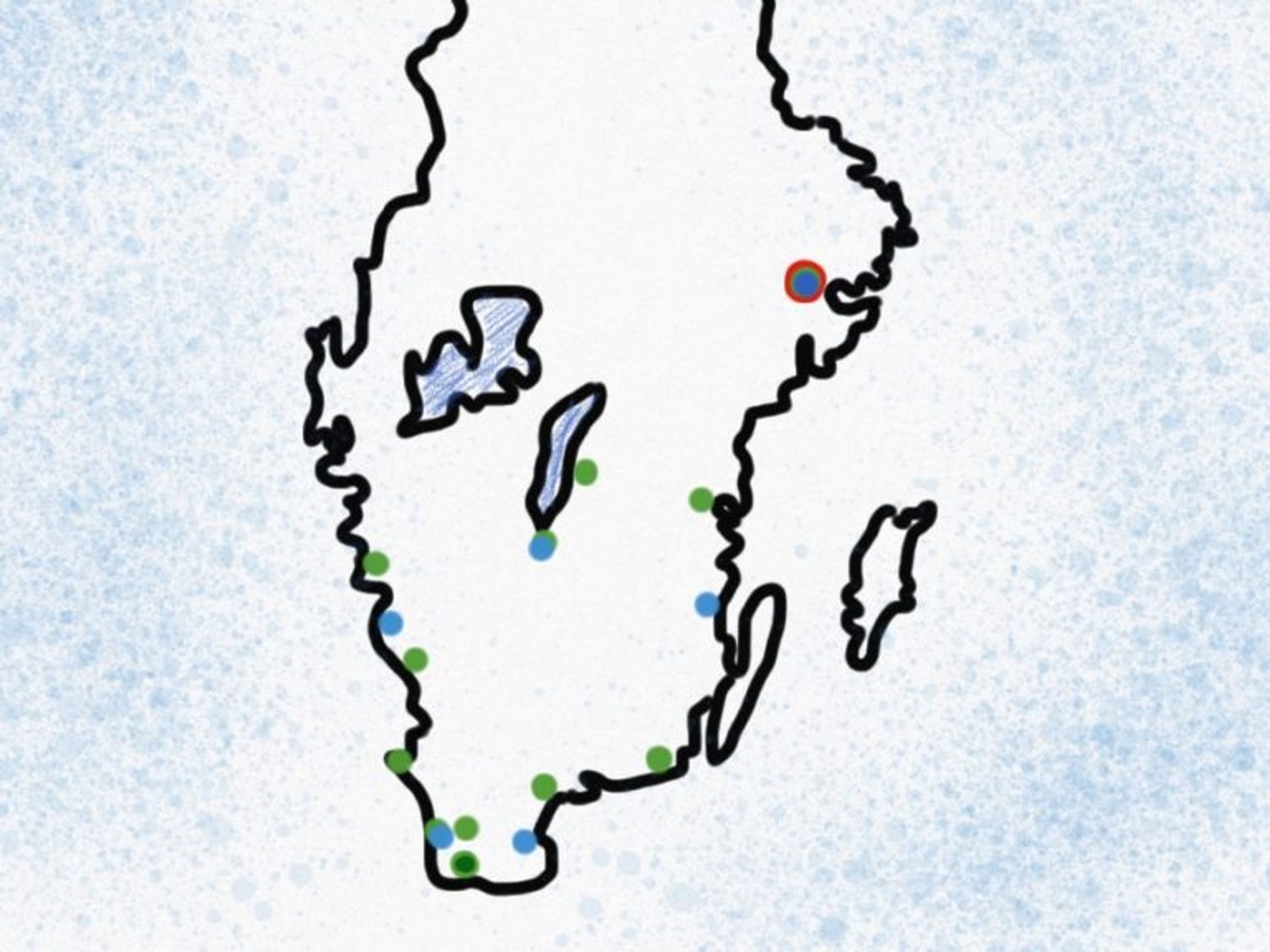 Map of Sweden with dots marking locations for Katharina's roadtrip.