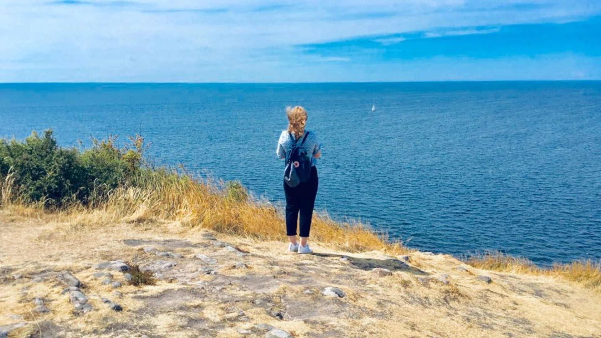Person standing on a cliff looking at the sea.