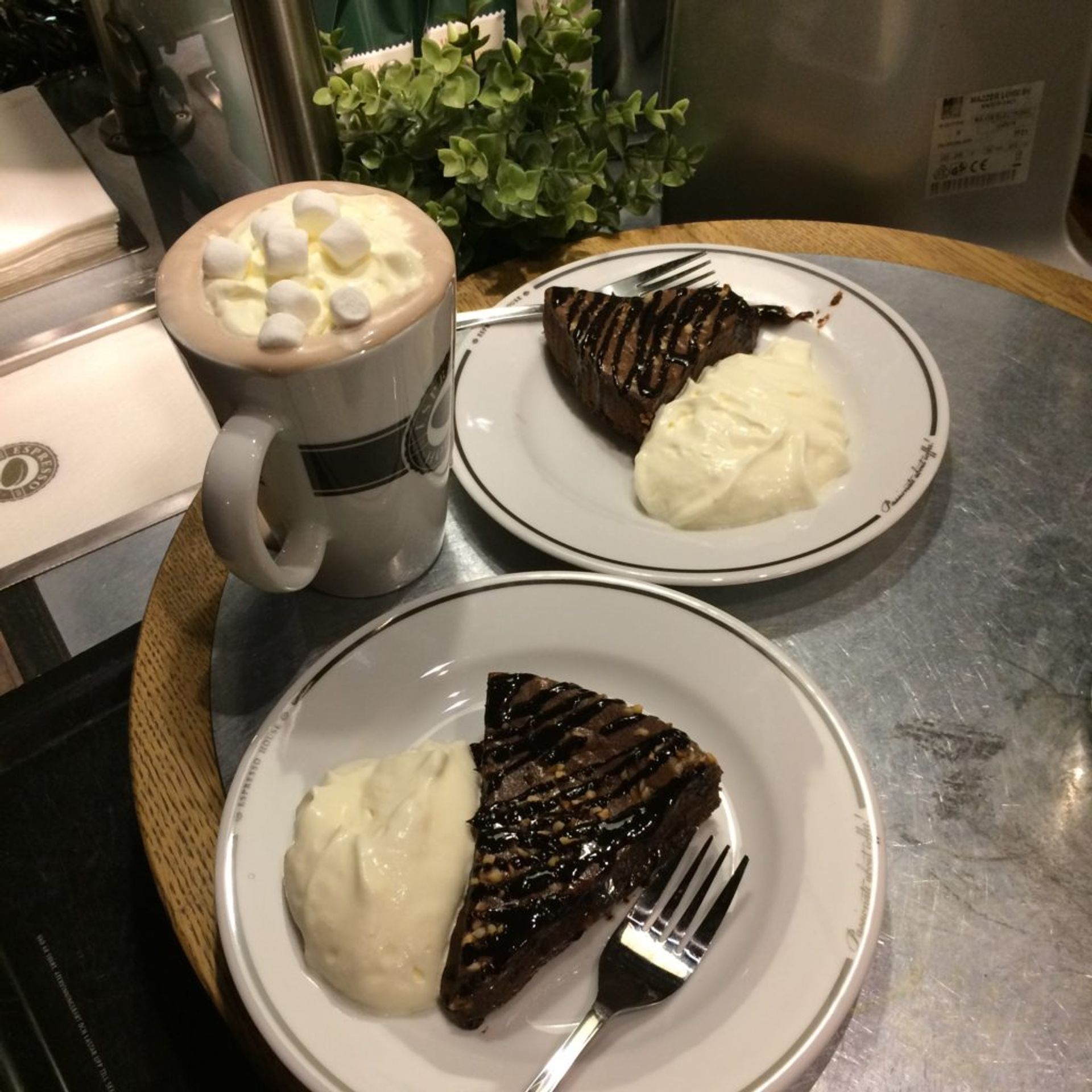Chocolate cake and latte.
