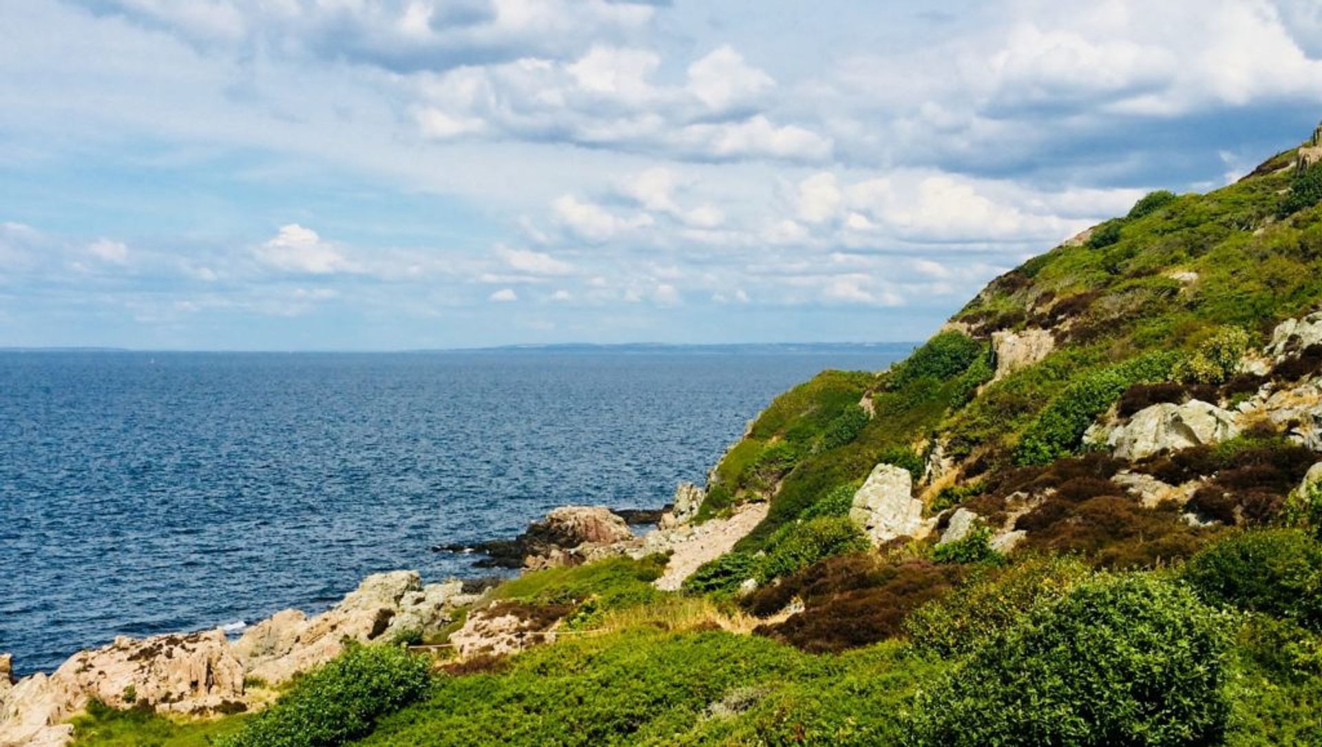 Moss-covered cliffs overlooking the sea.