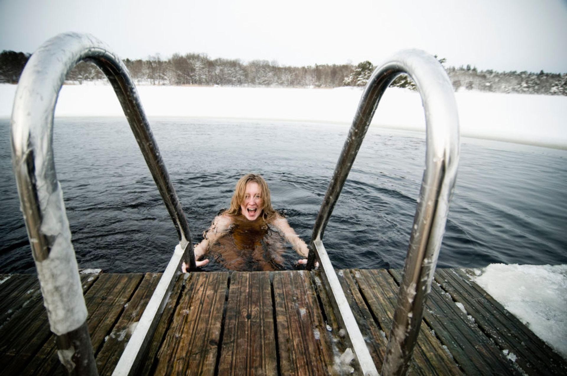 Person in a cold lake.