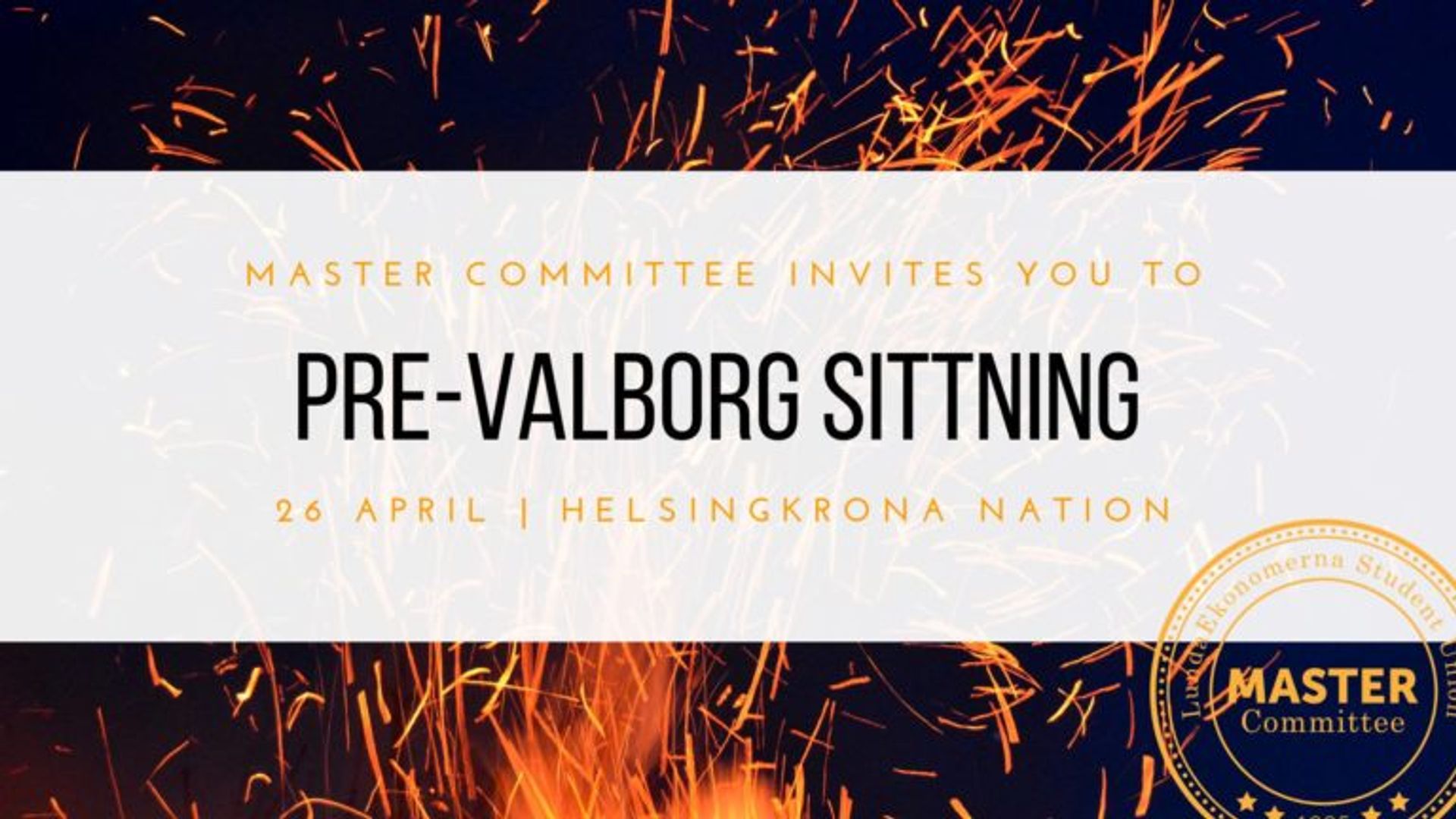 Invitation to a dinner, text reads 'Master committee invites you to Pre-Valborg Sittning'.