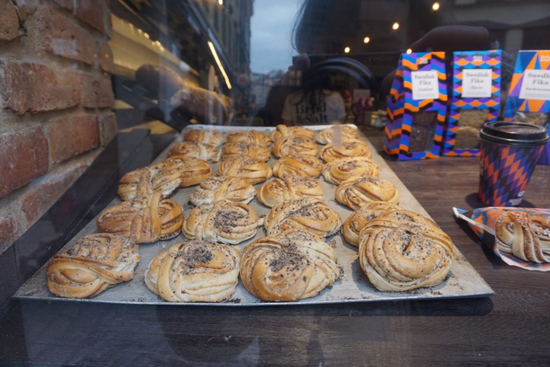 Close-up of a tray of cardamom buns.