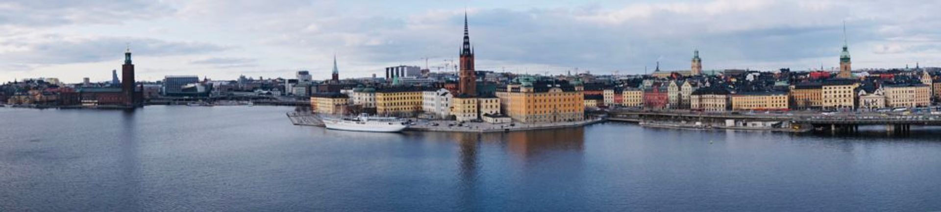 Wide shot of Stockholm's Old Town from a distance.