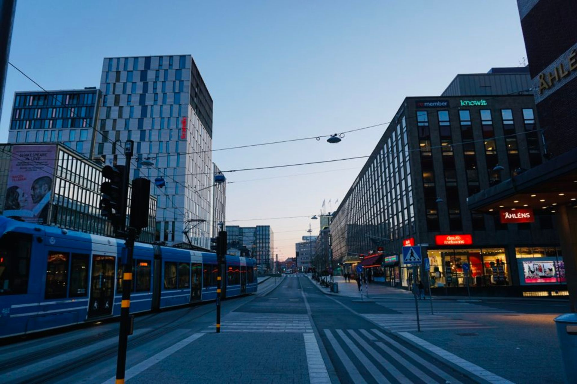 A tram on an empty street.