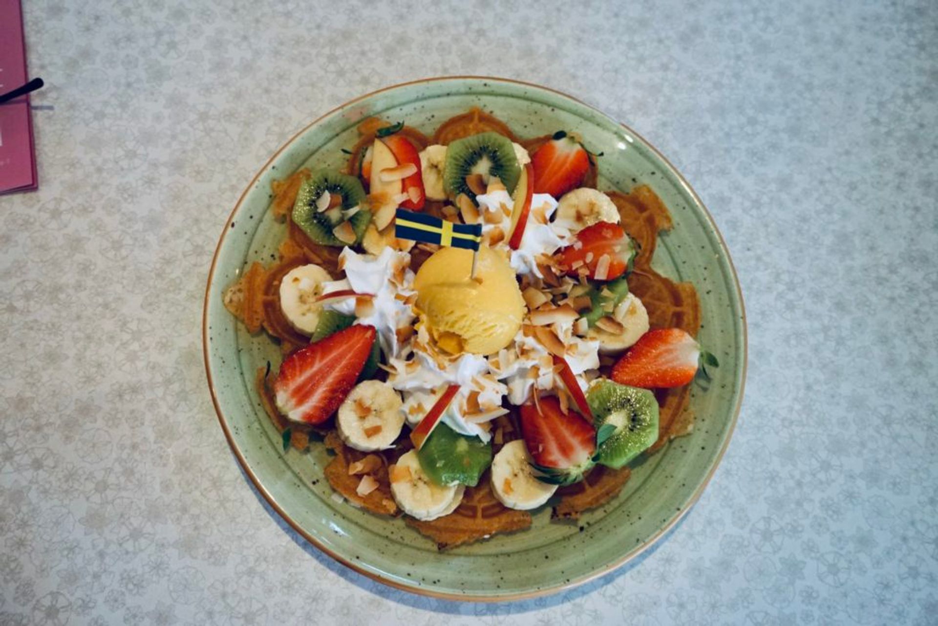 Close-up of a plate of vegan waffles.