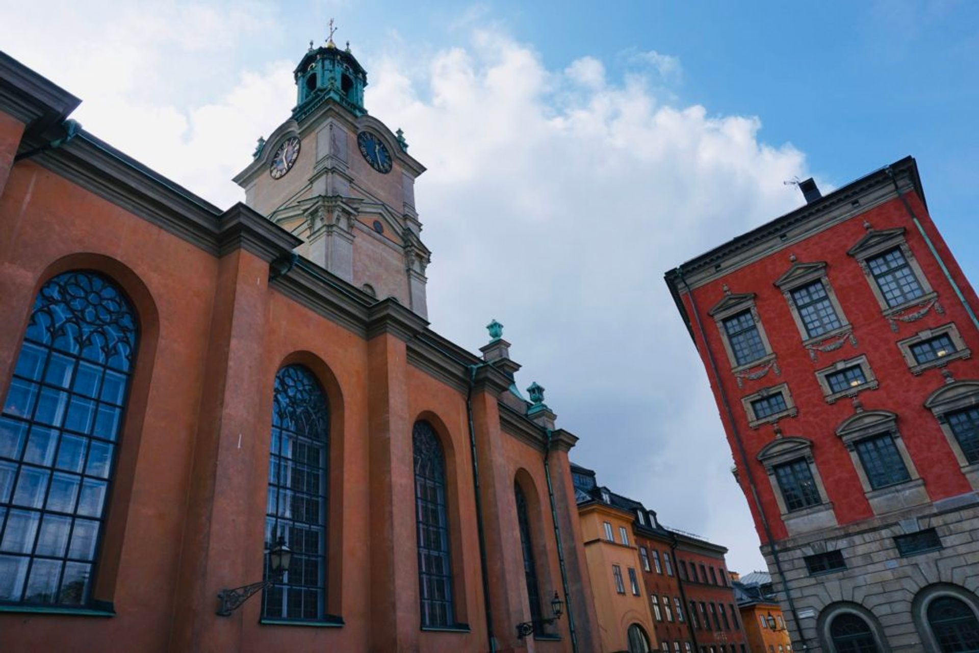 A large, colourful church in Stockholm's Old Town.