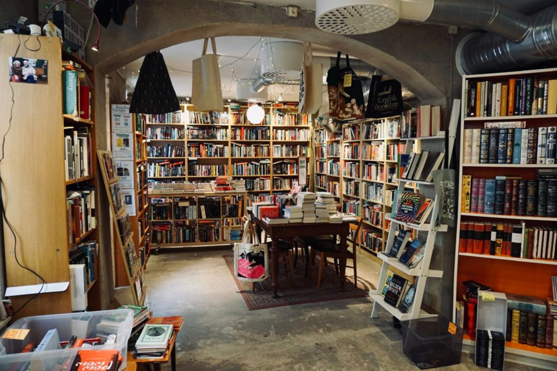 Inside a small bookshop.