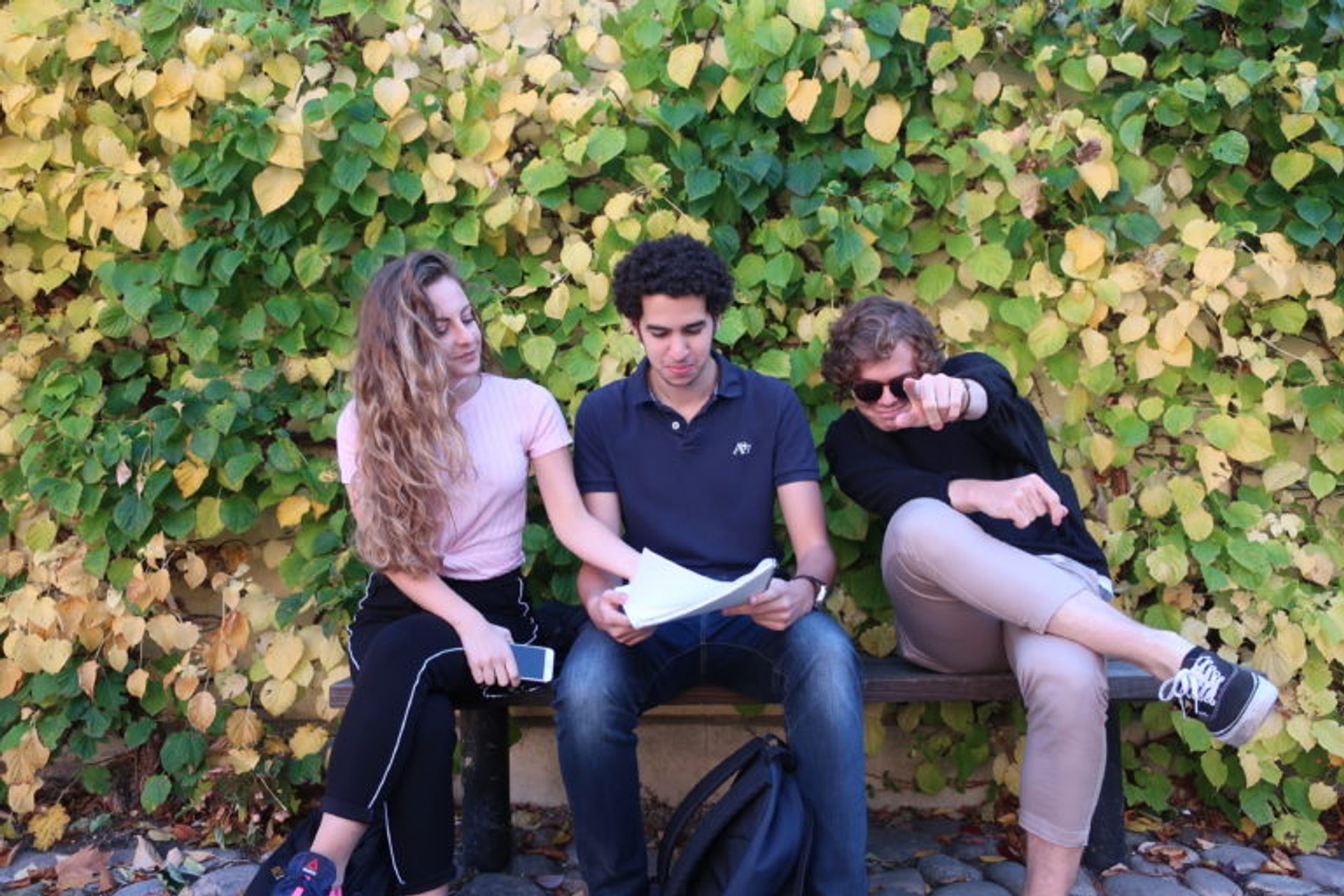 A woman and two men sitting on a bench in front of a big leaf bush.