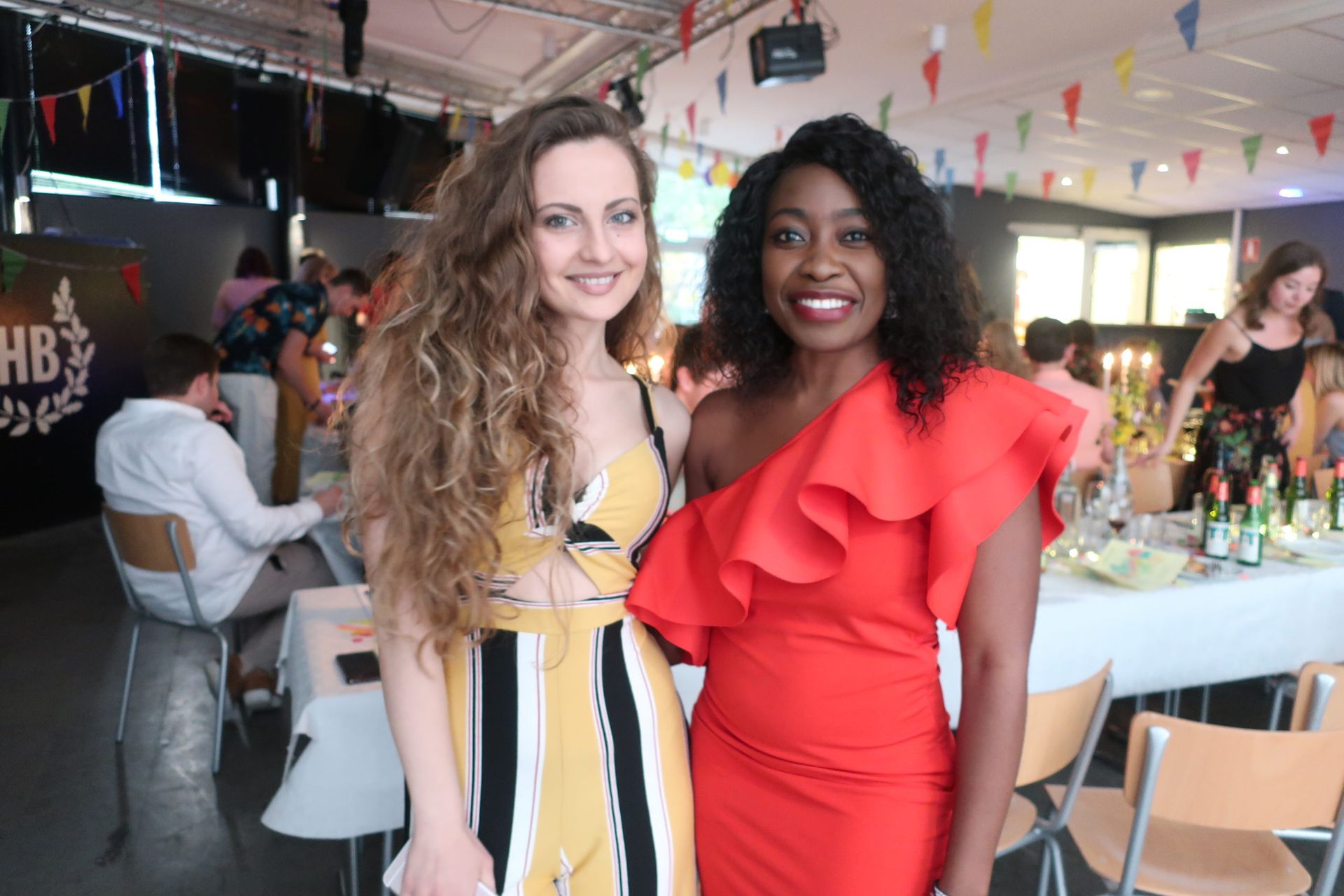 Two students dressed up for a dinner.