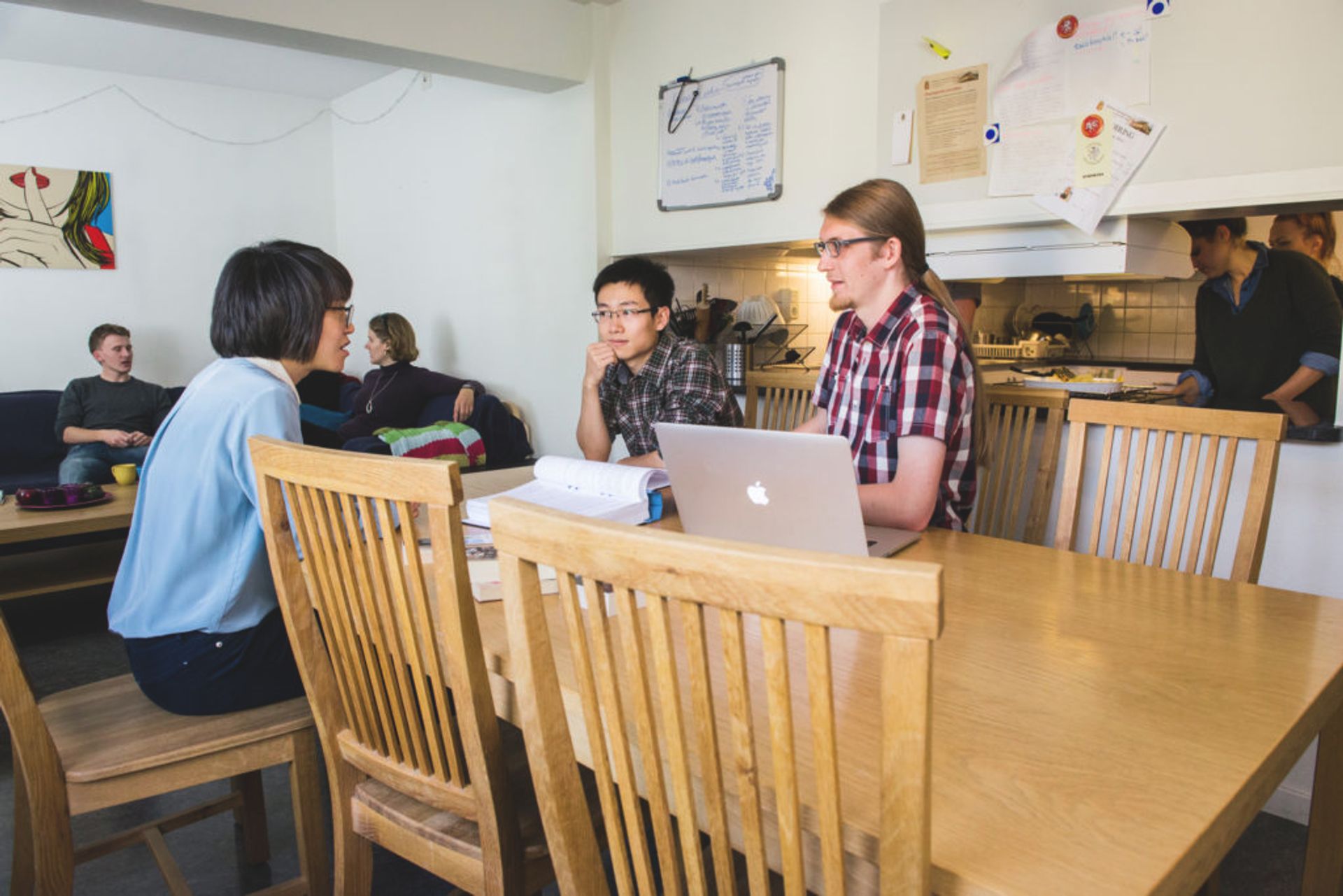 Group of students sitting in a shared kitchen studying.