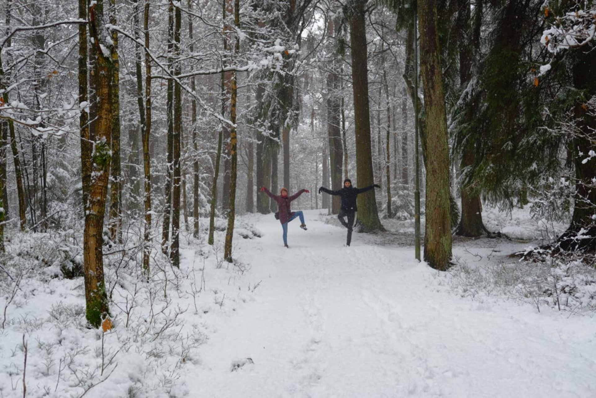 Two people dancing in the snowy forest