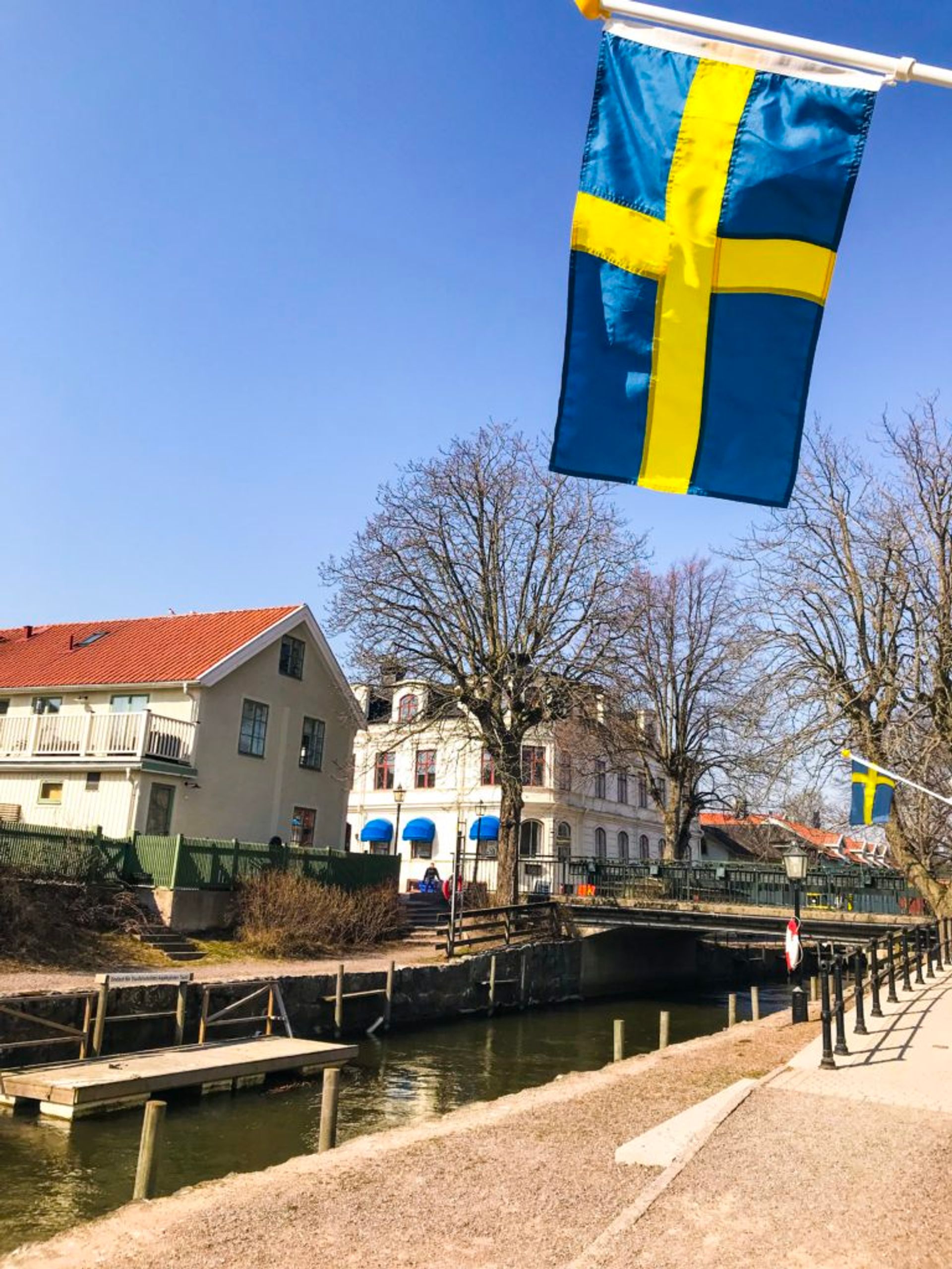 Swedish flags along a street.