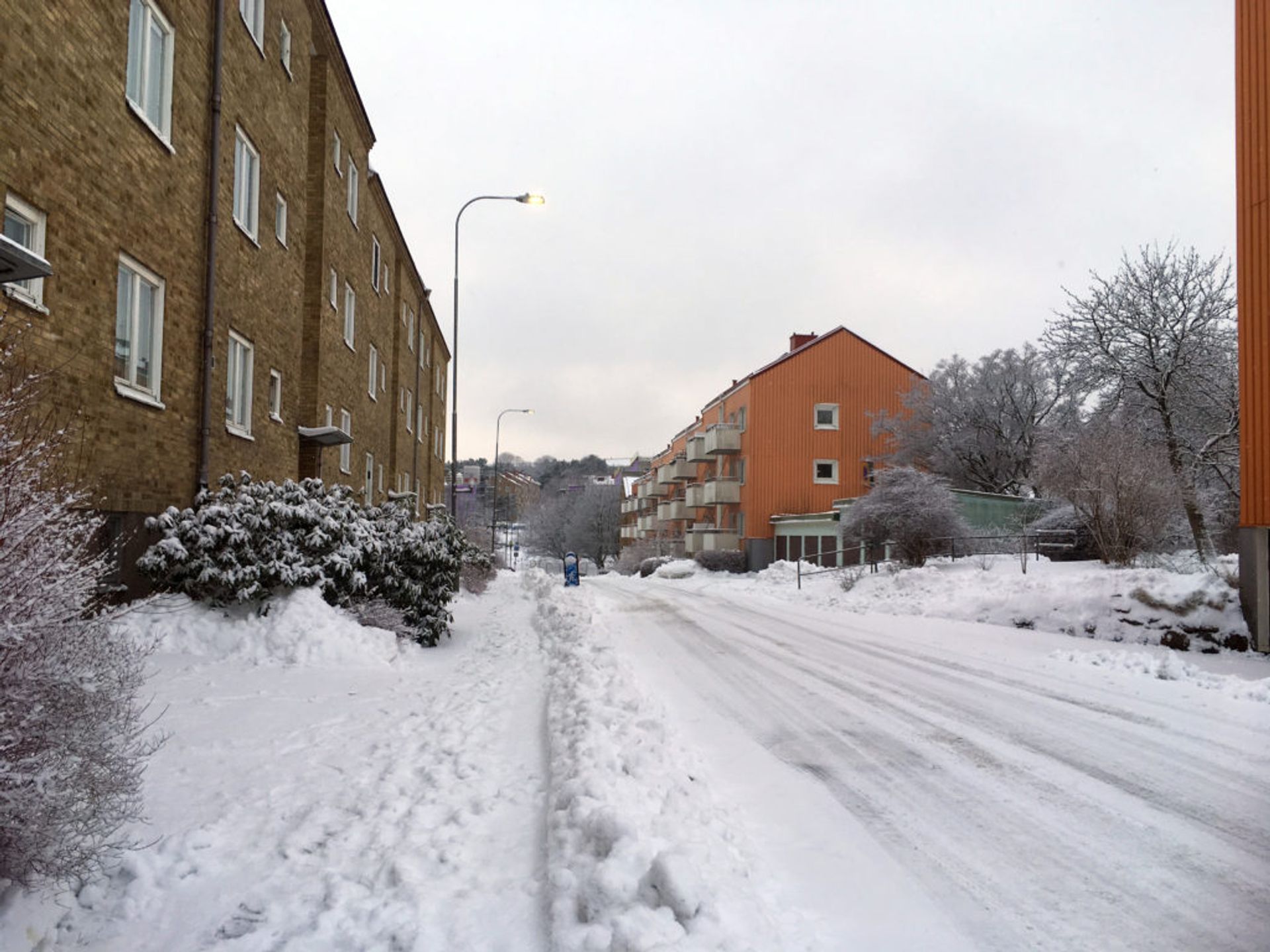 A snowy street through a residential area.