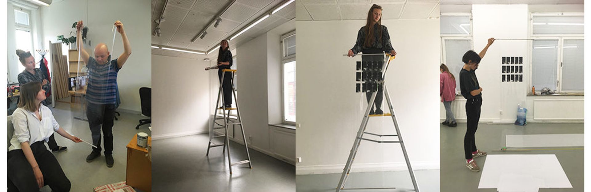 Gallery of students setting up an exhibition space.