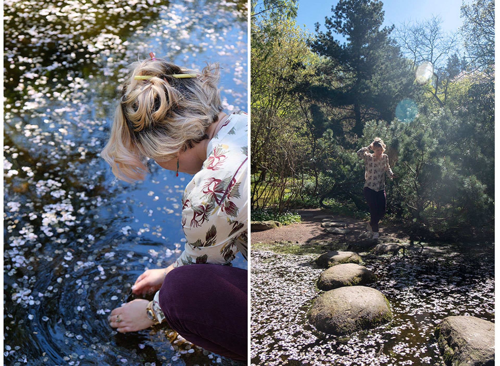 Person walking by a river in the botanical gardens.