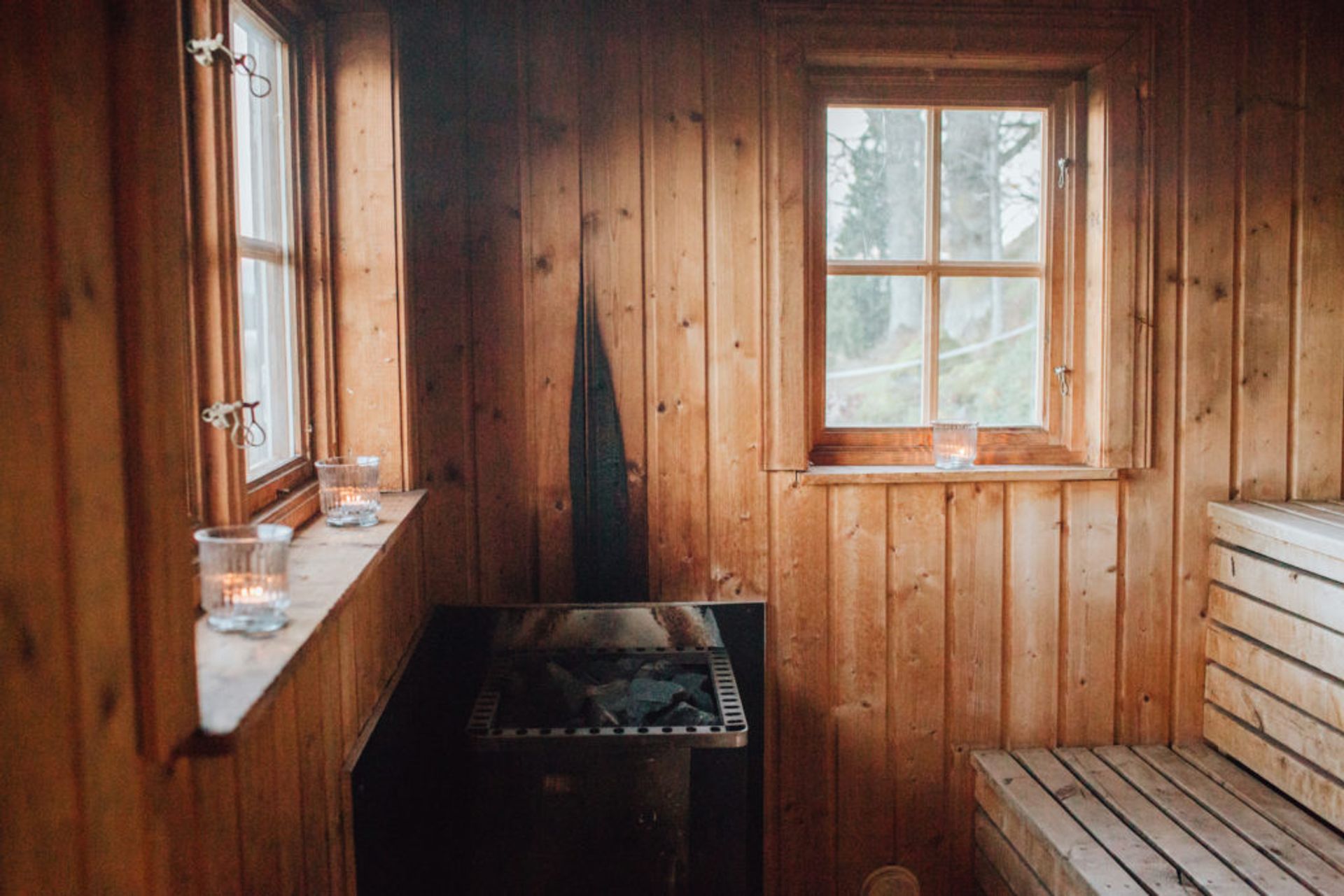 Inside a sauna.